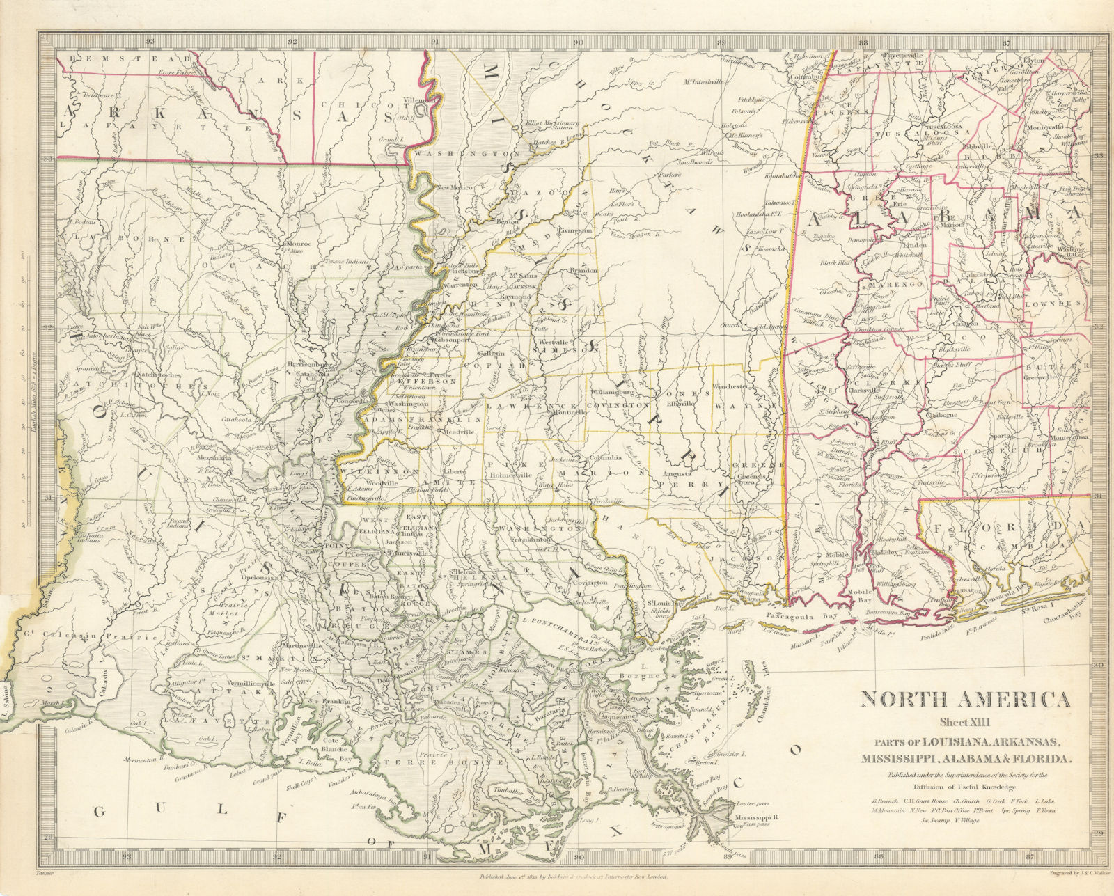 US GULF COAST.Louisiana Mississippi Alabama FL. Indian villages. SDUK 1844 map