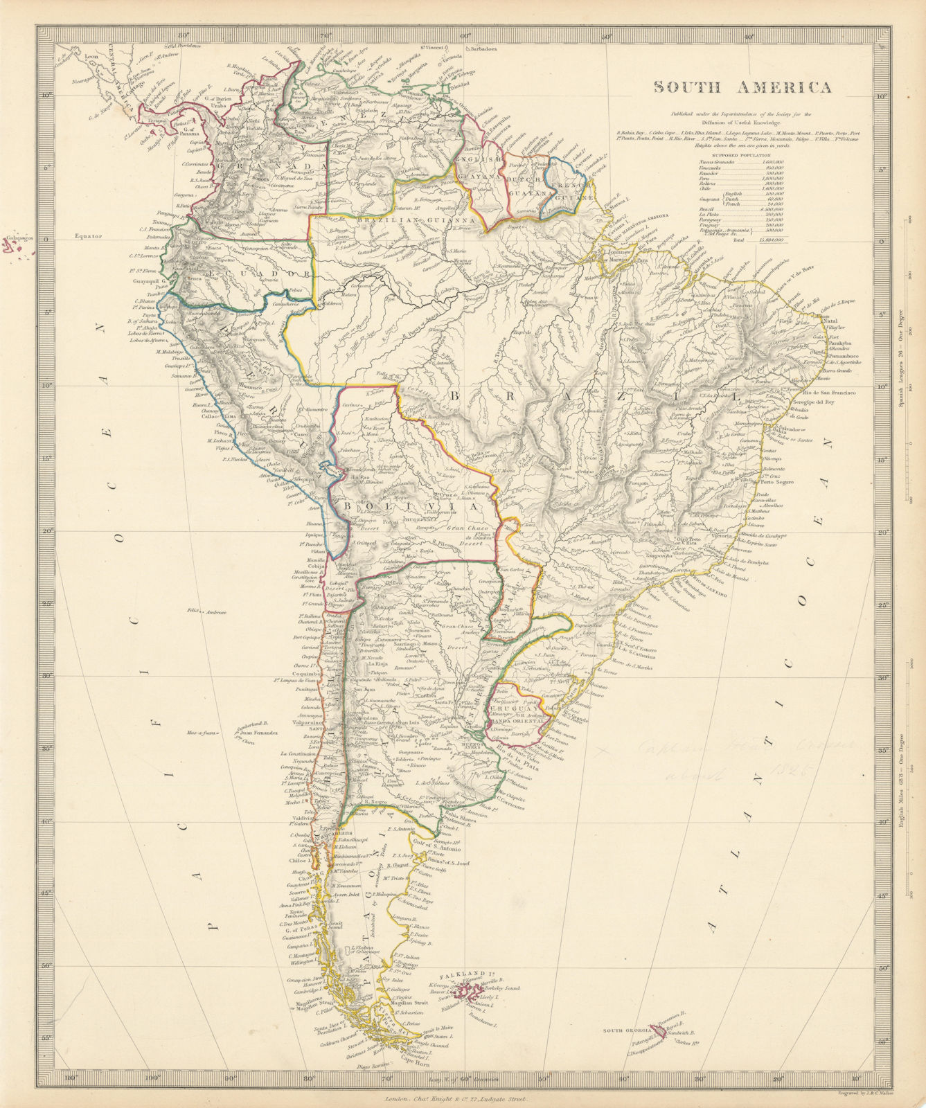 SOUTH AMERICA. Brazil Chile Peru Bolivia Patagonia La Plata. SDUK 1844 old map