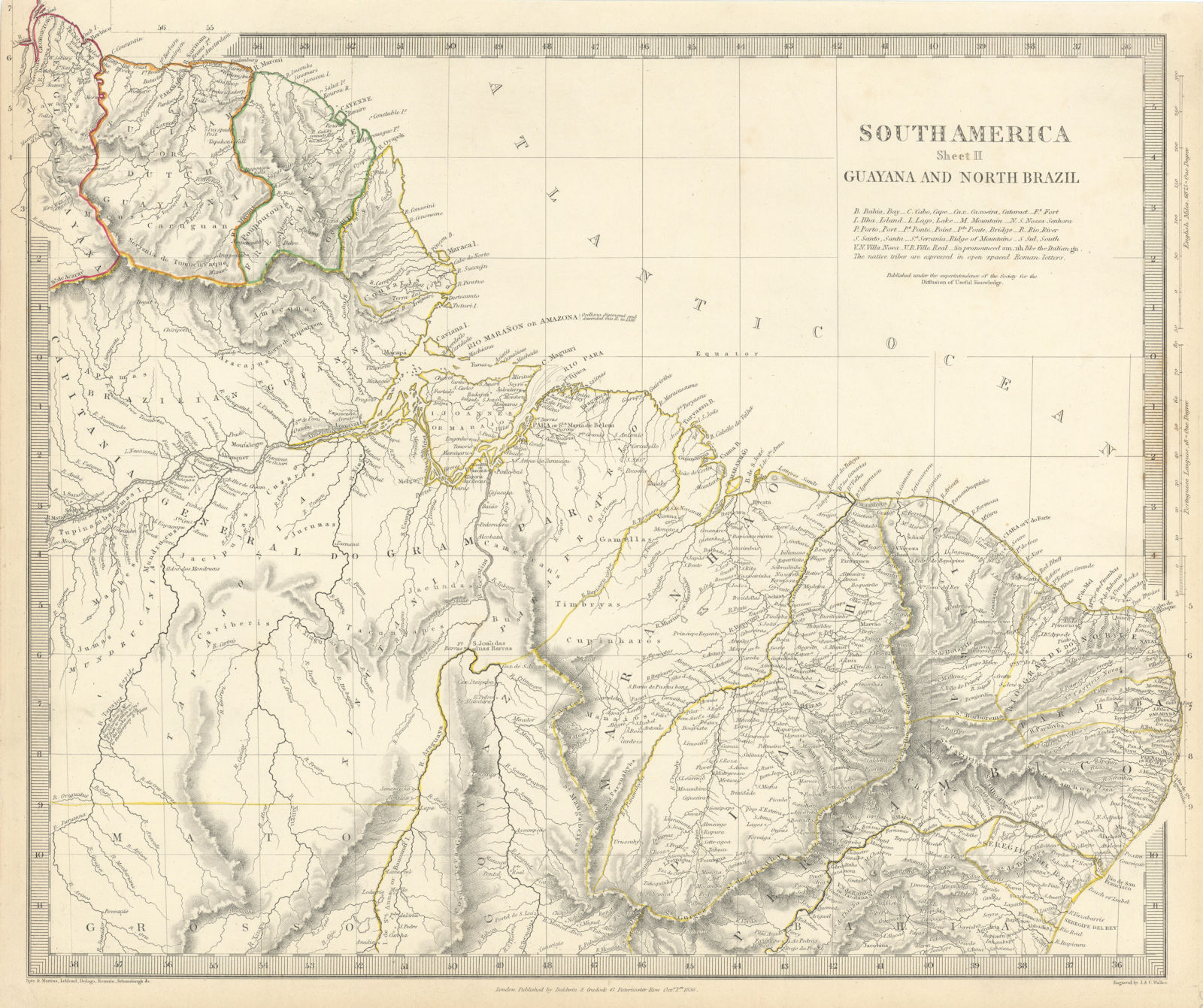 AMAZONIA. Showing Indian tribes. Guyana Surinam Brazil. Recife. SDUK 1844 map