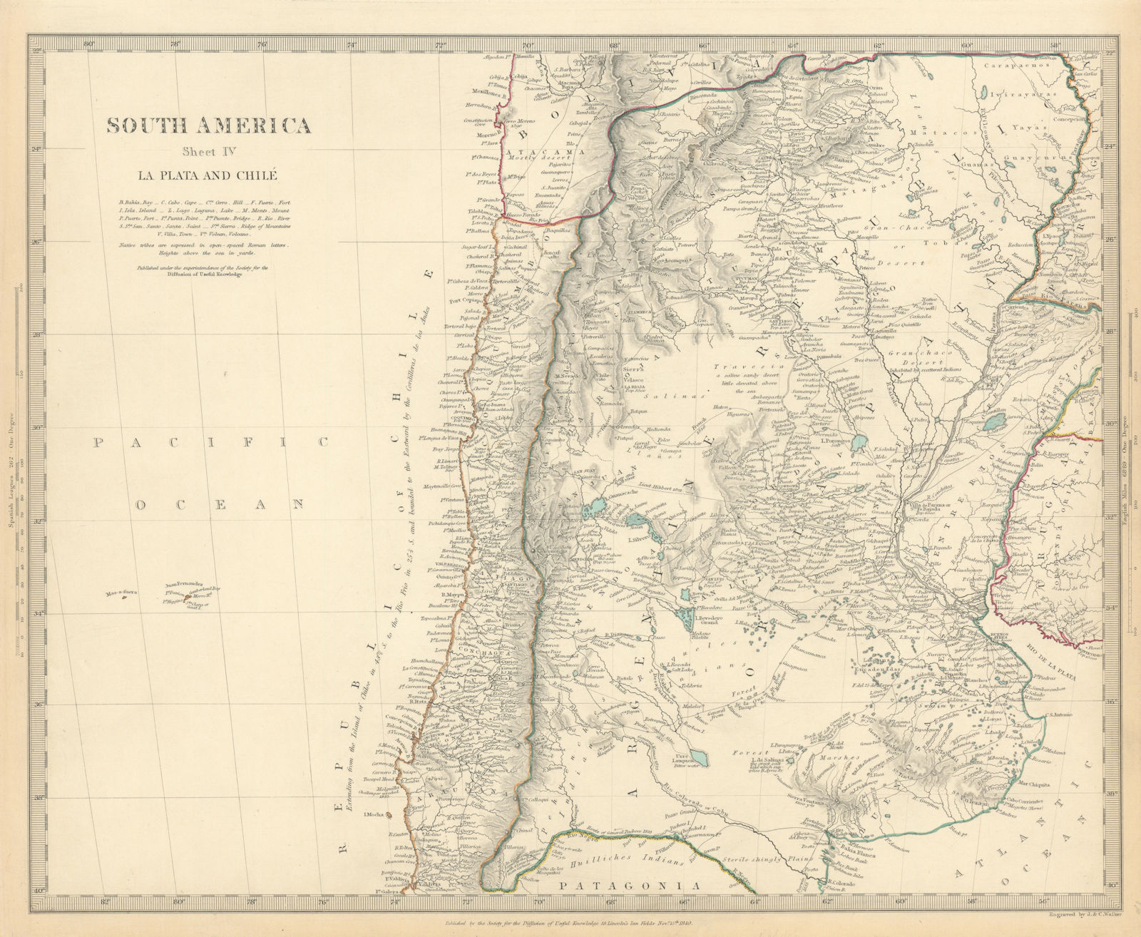 SOUTH AMERICA.La Plata and Chilé.Chile Argentina Uruguay Bolivia.SDUK 1844 map
