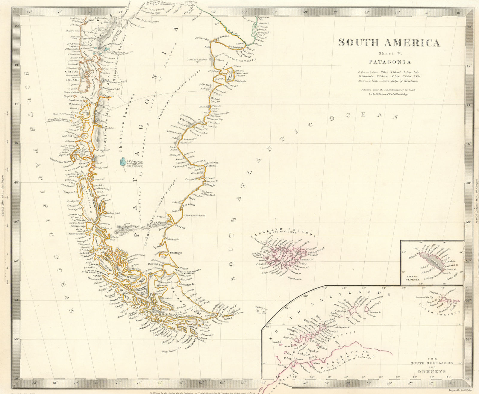 PATAGONIA. Argentina Chile Tierra del Fuego Falklands S Georgia.SDUK 1844 map