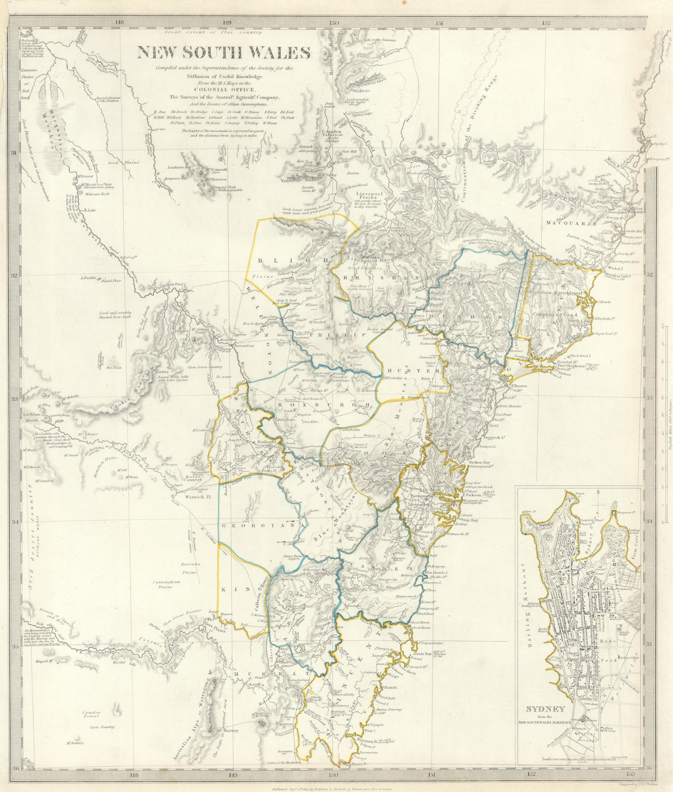 NEW SOUTH WALES. based on Cunningham routes. Inset Sydney plan. SDUK 1844 map
