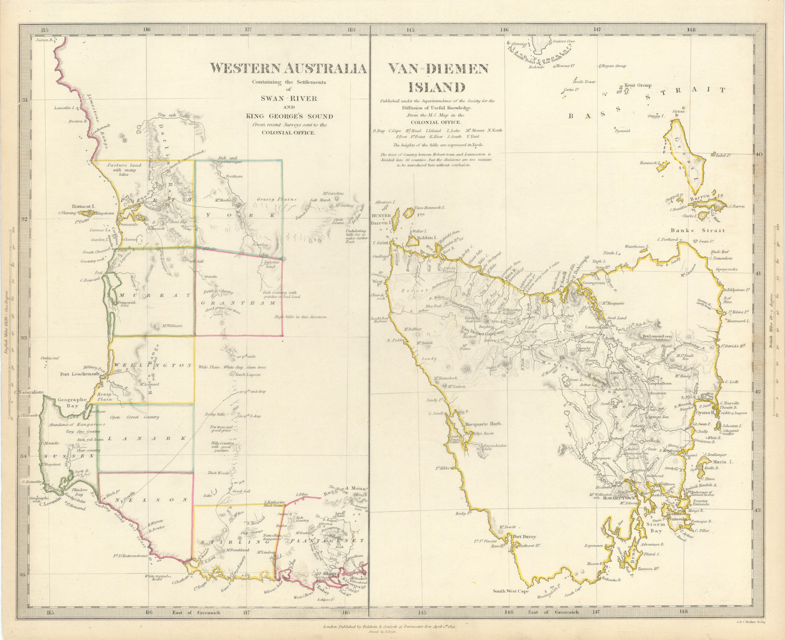 AUSTRALIA. Western Australia & Van Diemen's Land (Tasmania) . SDUK 1844 map