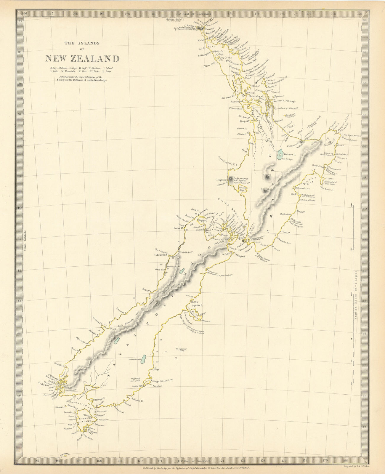 NEW ZEALAND. The Islands of. Tavai Poenammoo Eaheinomauwe. SDUK 1844 old map