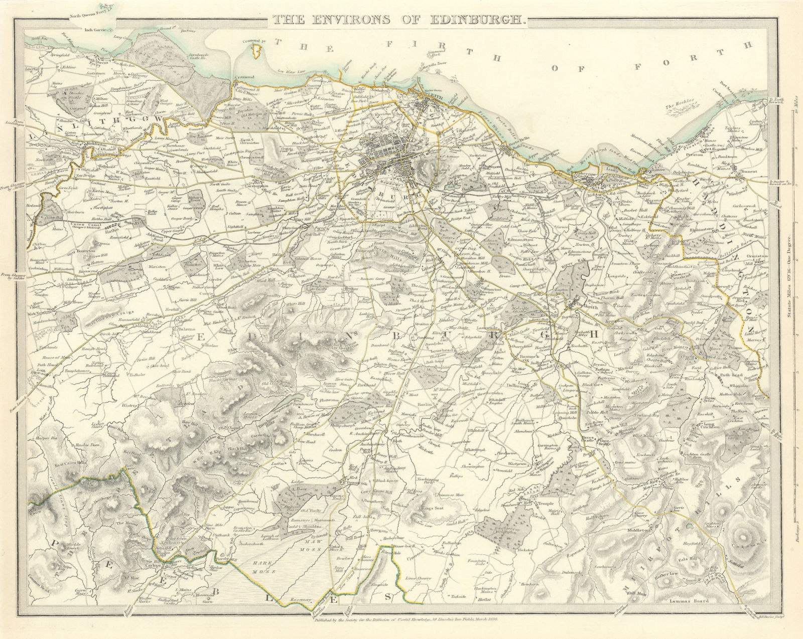 EDINBURGH & ENVIRONS. Leith Linlithgow Peebles Haddington. SDUK 1844 old map