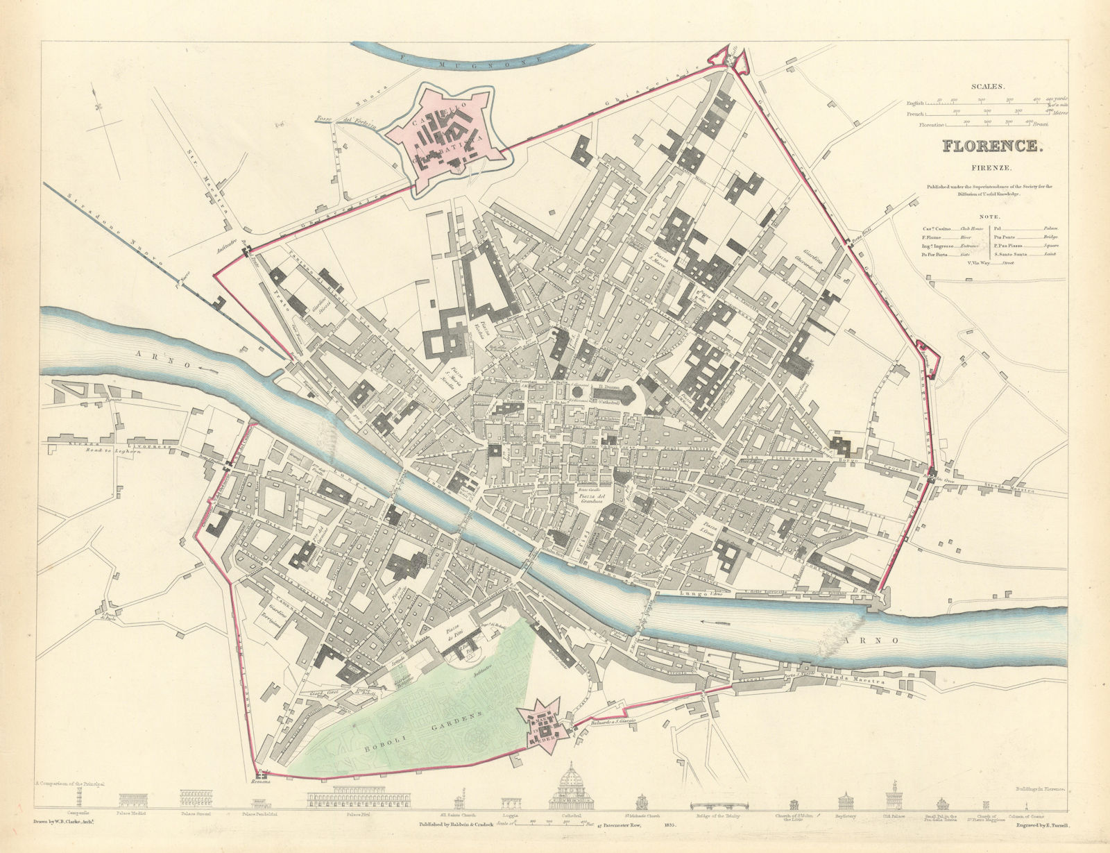 FLORENCE FIRENZE. Antique town city map plan. Key buildings profiles. SDUK 1844