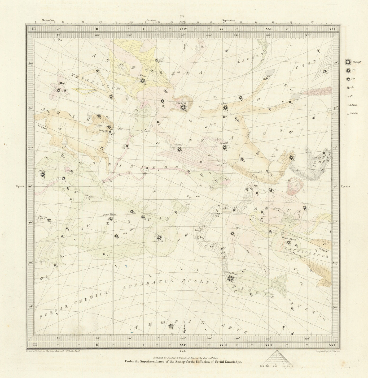 ASTRONOMY CELESTIAL. Star map. Star chart, I. Vernal Equinox. SDUK 1847