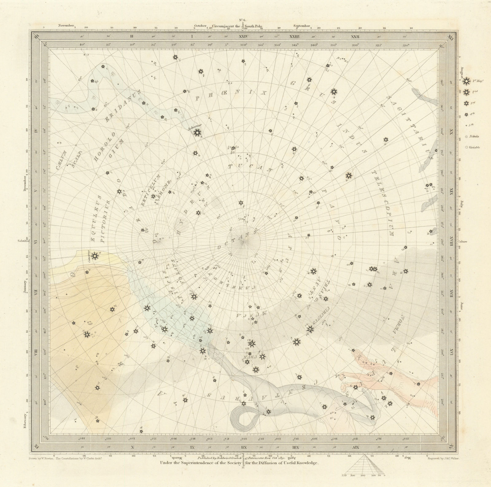 ASTRONOMY CELESTIAL. Star map. Star chart, VI. South Pole. SDUK 1847 old