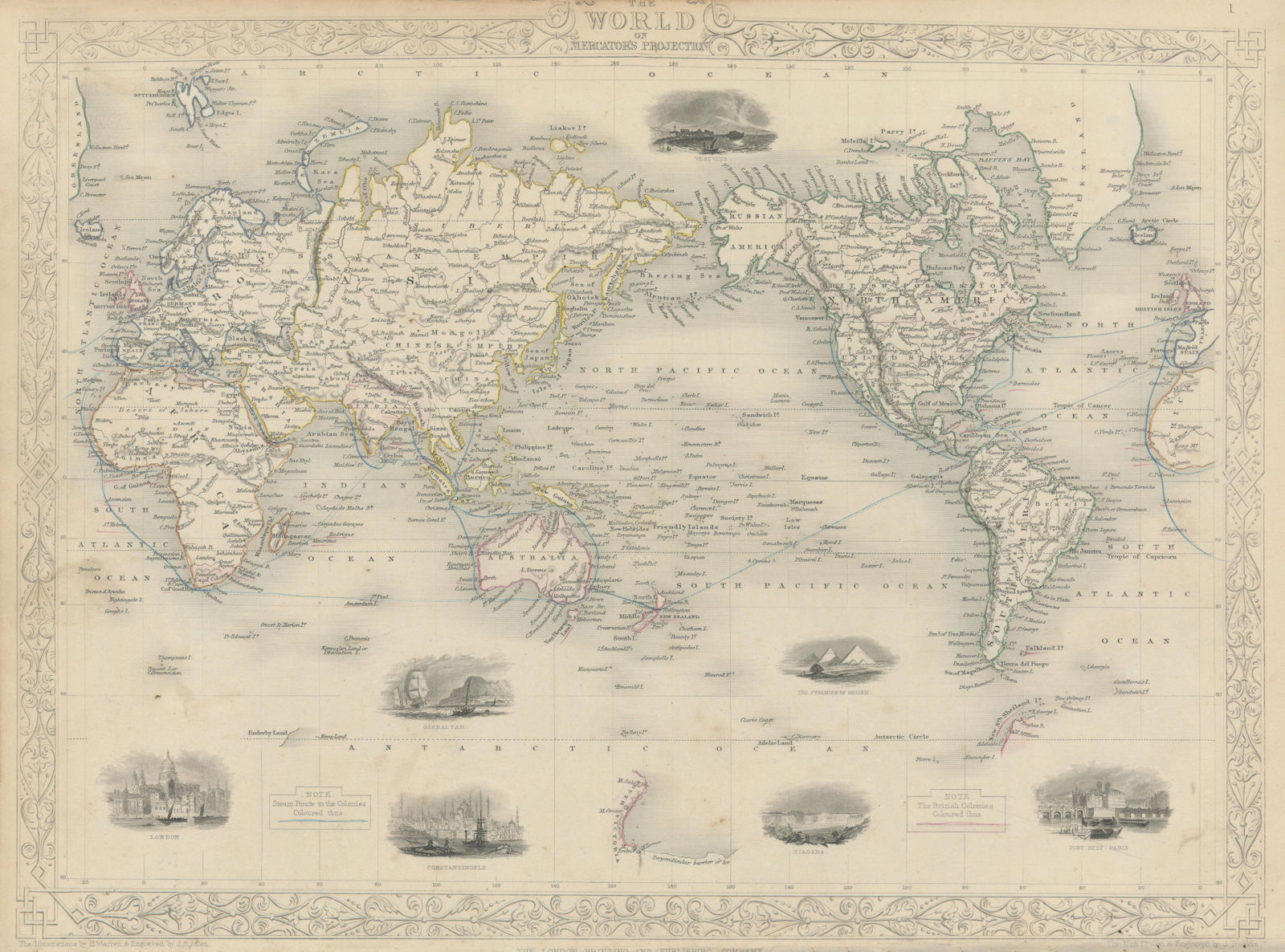 BRITISH EMPIRE. Shows steam routes to the colonies.World. RAPKIN/TALLIS 1851 map
