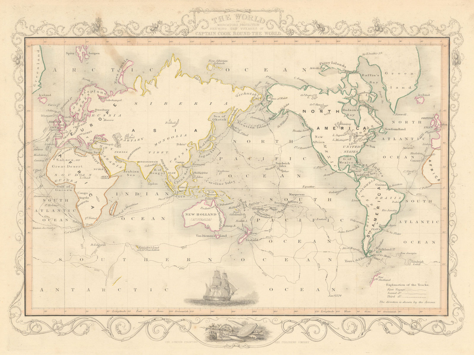 THE WORLD. 'Shewing the voyages of Captain Cook'. TALLIS/RAPKIN 1851 old map
