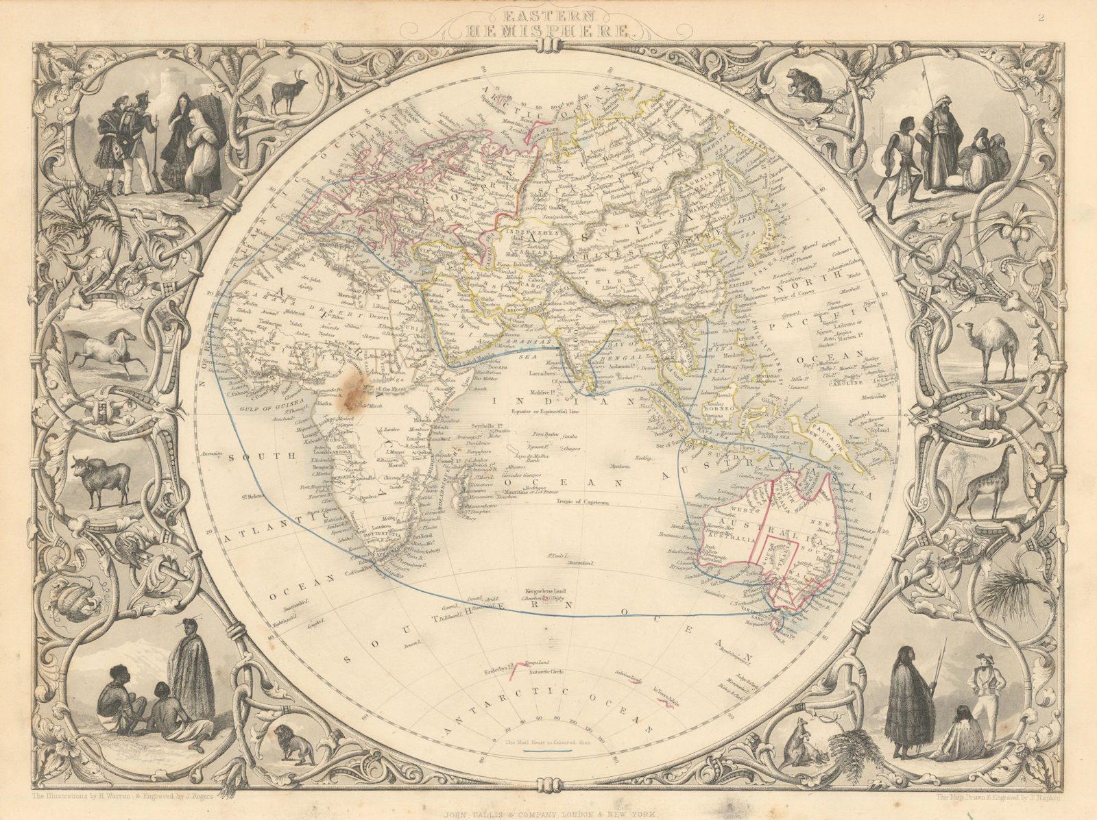 EASTERN HEMISPHERE.Shows mail routes to British colonies. RAPKIN/TALLIS 1851 map