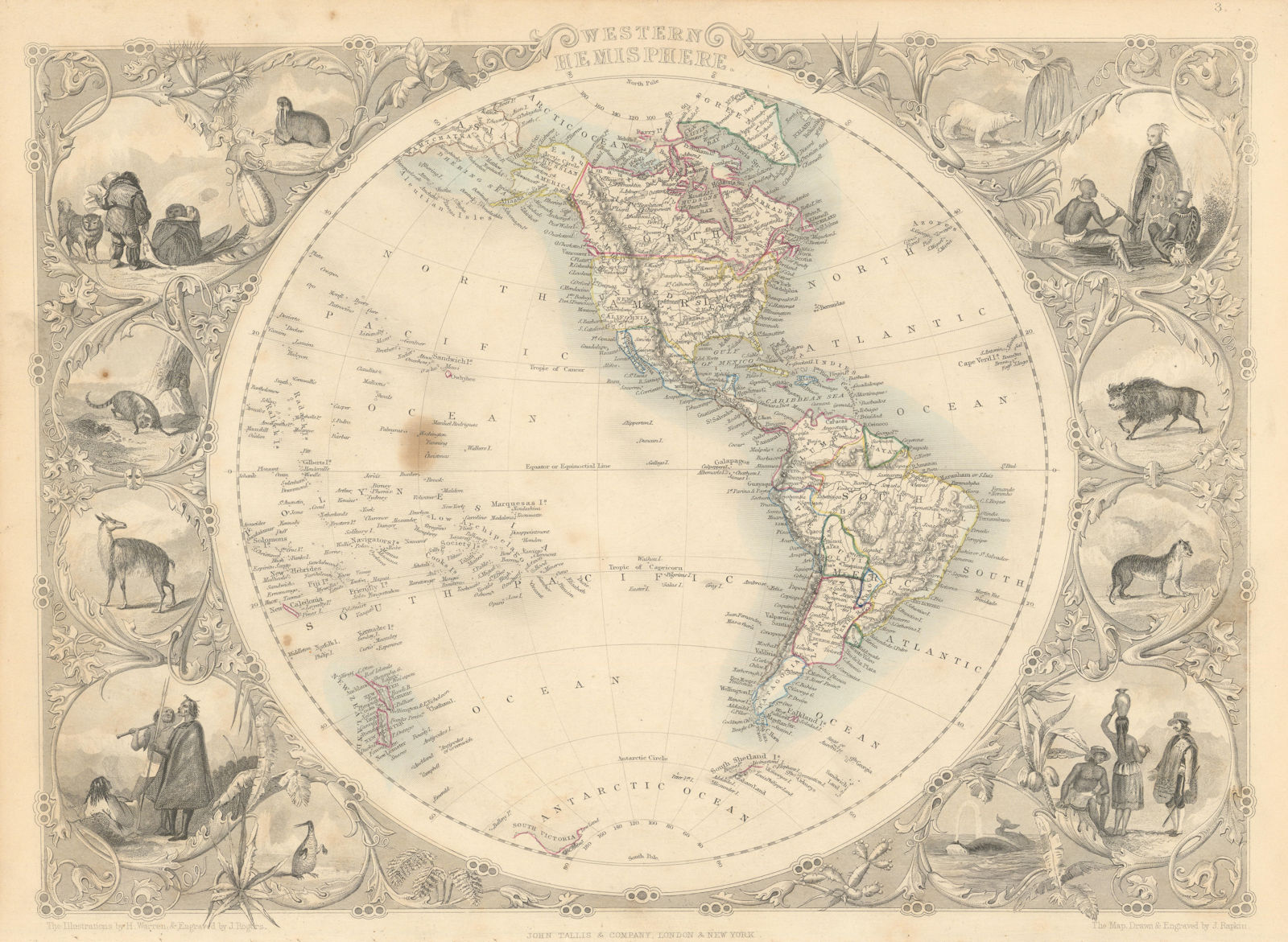 WESTERN HEMISPHERE. Shows Russian America, Gran Colombia. RAPKIN/TALLIS 1851 map