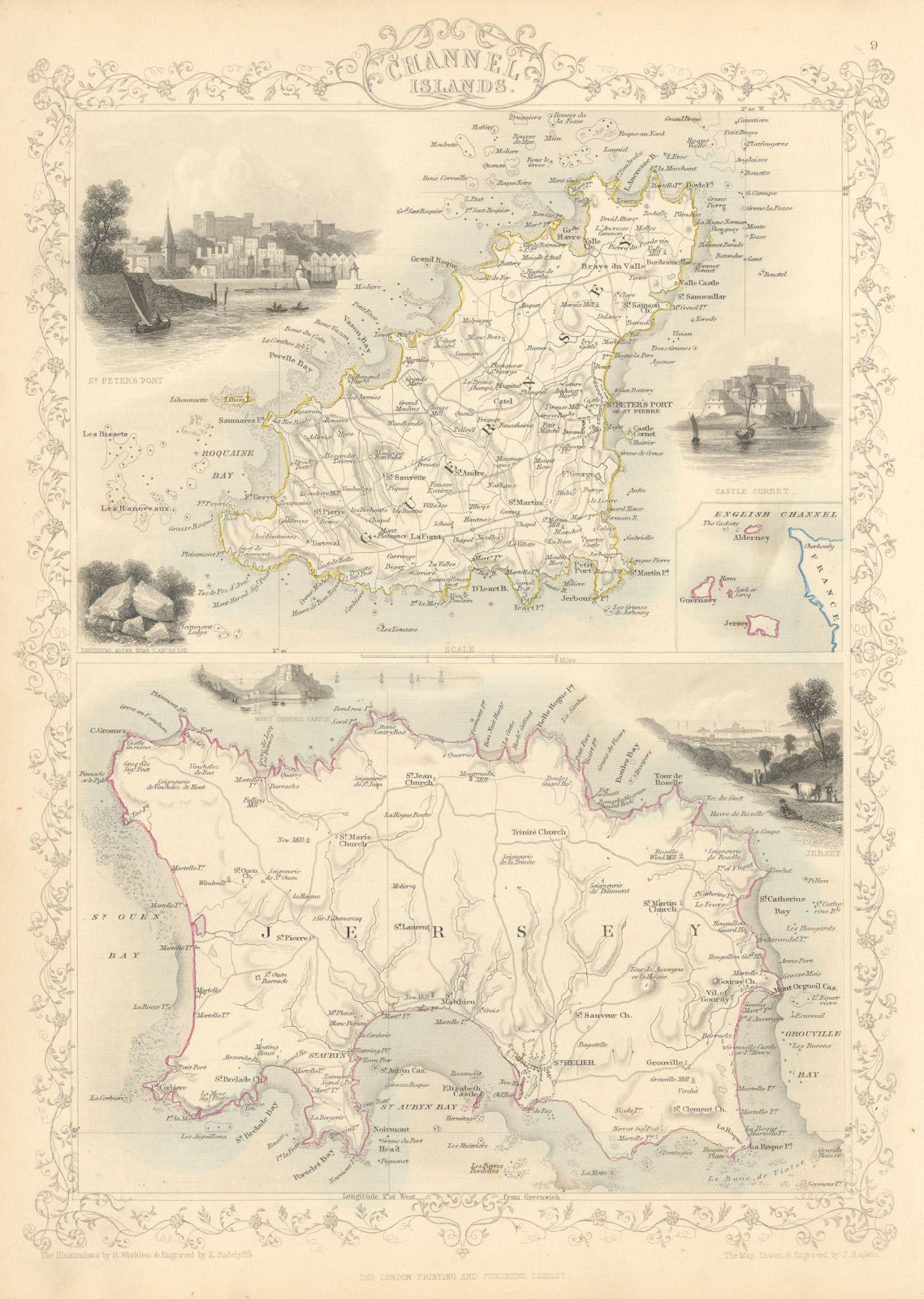CHANNEL ISLANDS. St Peter Port view. Jersey & Guernsey. TALLIS & RAPKIN 1851 map
