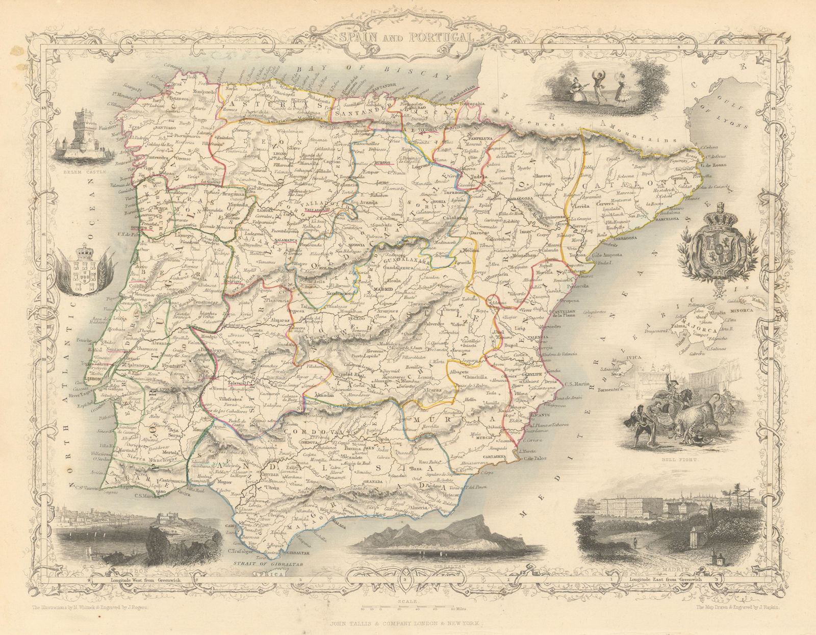 SPAIN & PORTUGAL. Madrid Lisbon Gibraltar views. Iberia TALLIS & RAPKIN 1851 map