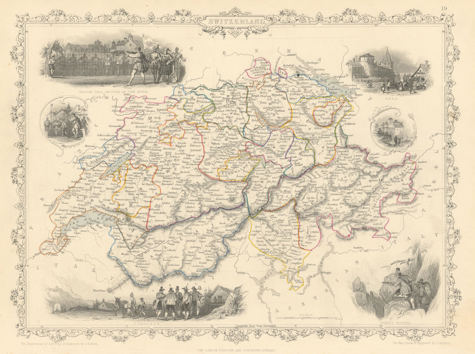 SWITZERLAND. William Tell shooting apple. Cantons. TALLIS & RAPKIN 1851 map
