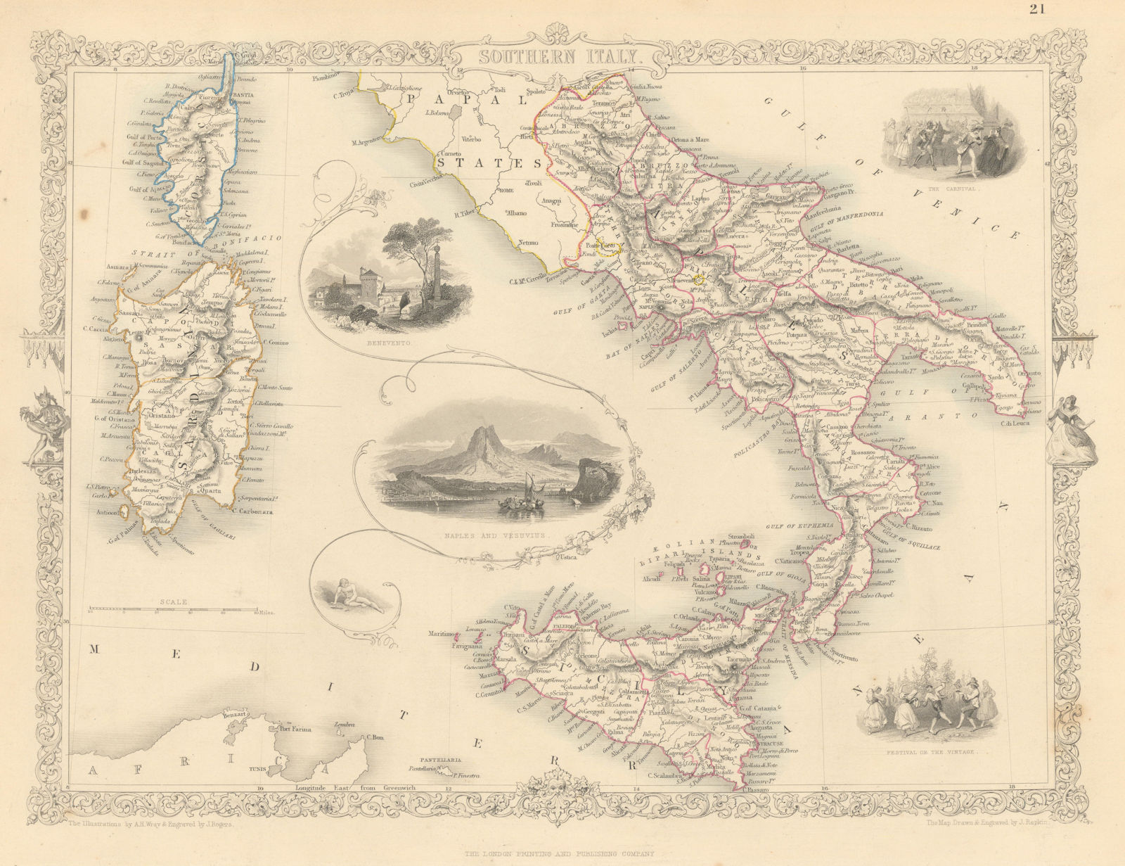 SOUTHERN ITALY. Naples/Vesuvius. Sicily Sardinia Corsica. RAPKIN/TALLIS 1851 map