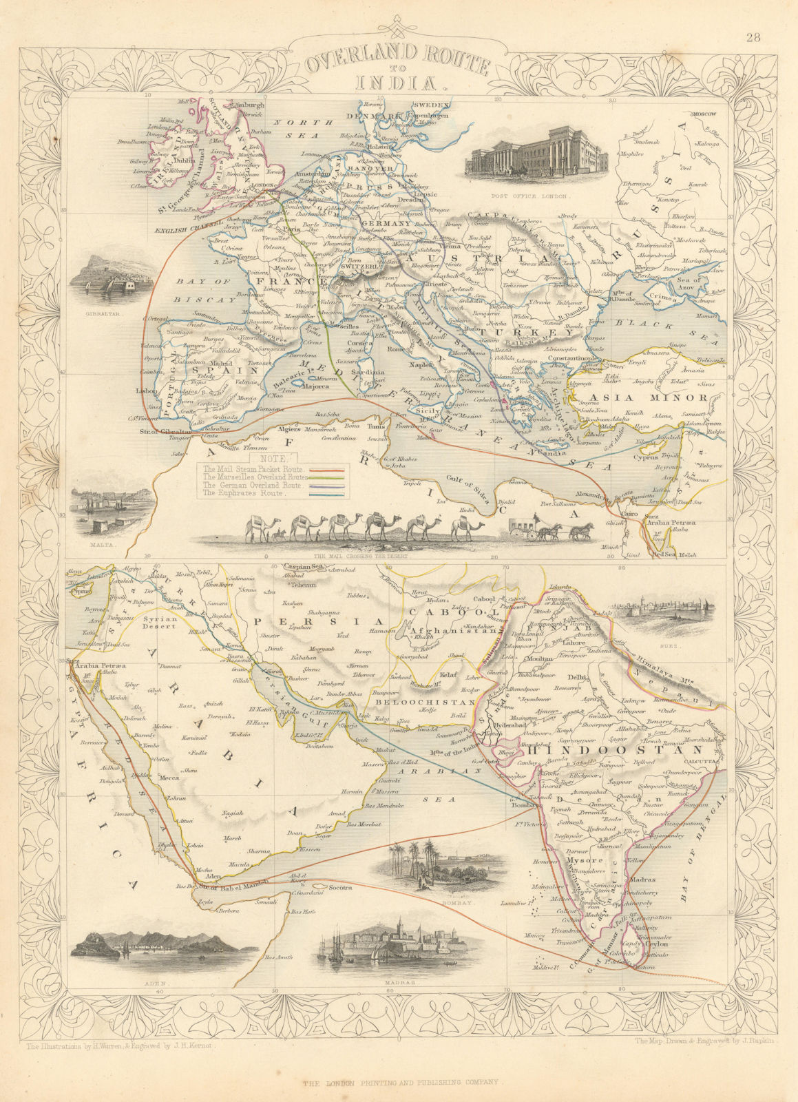 OVERLAND ROUTE TO INDIA. Ship France Germany Euphrates. TALLIS & RAPKIN 1851 map