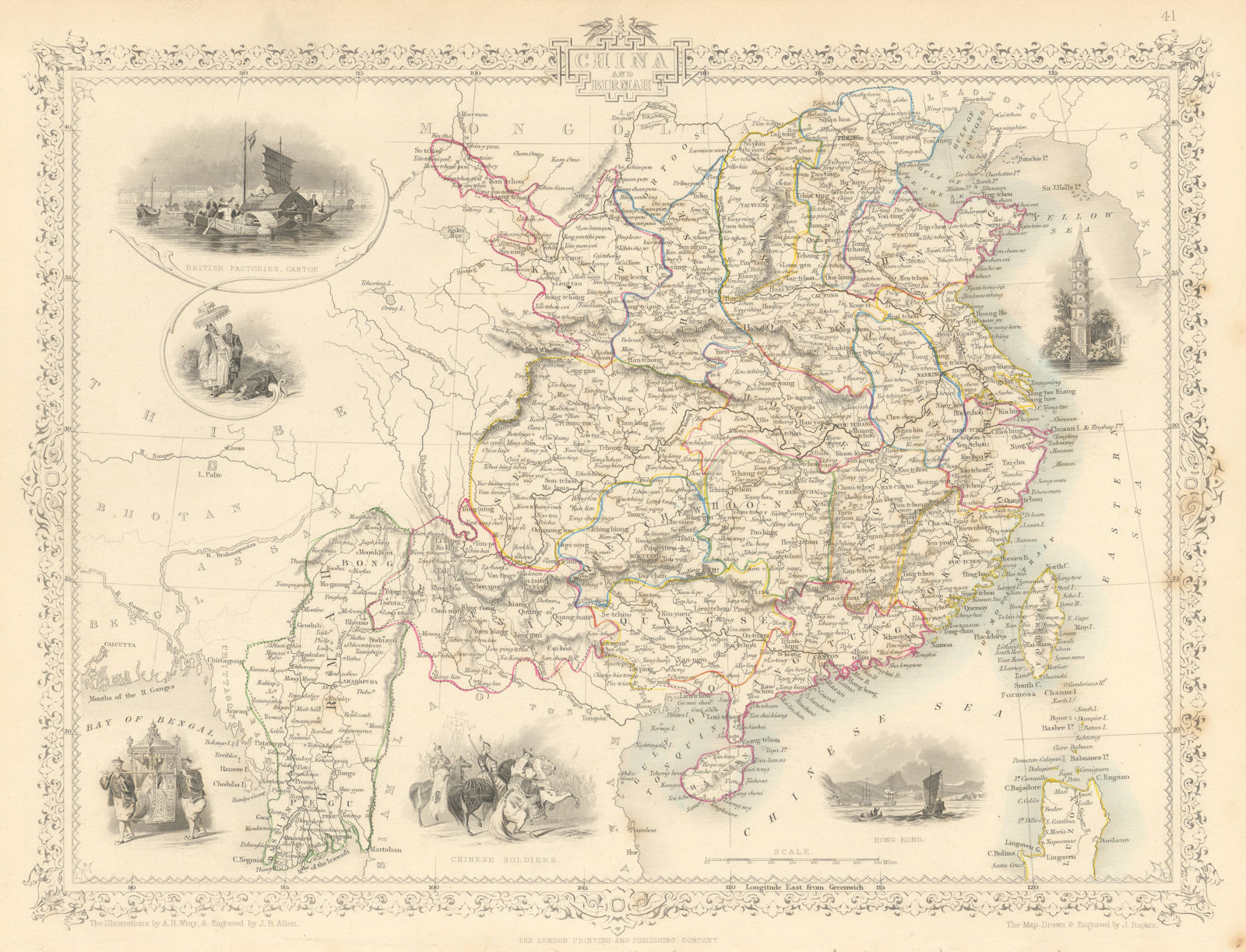 CHINA & BURMAH. Hong Kong vignette. Burma Formosa Taiwan. RAPKIN/TALLIS 1851 map