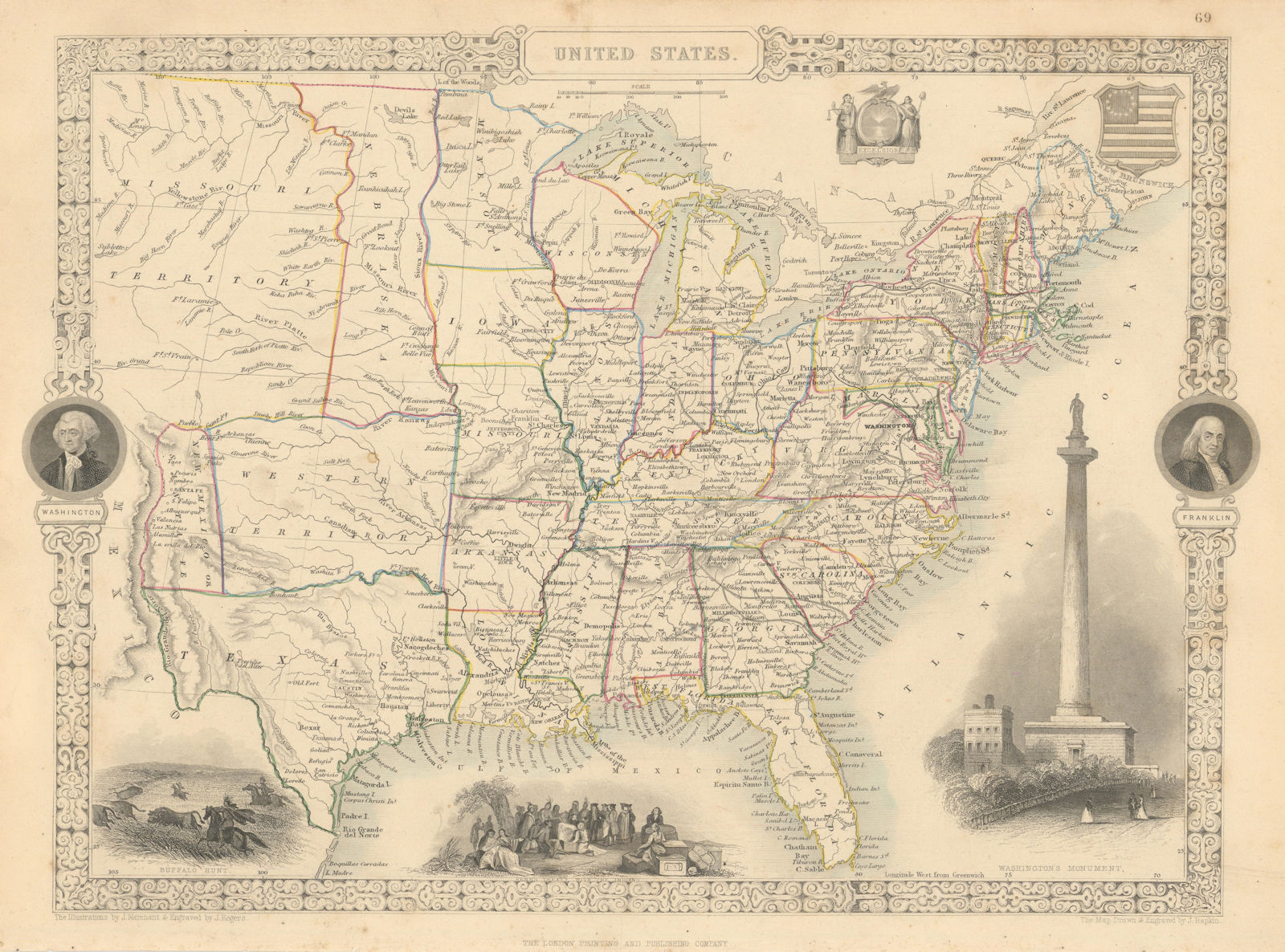 UNITED STATES. 31 states+Missouri/Western/Nebraska Terr. RAPKIN/TALLIS 1851 map