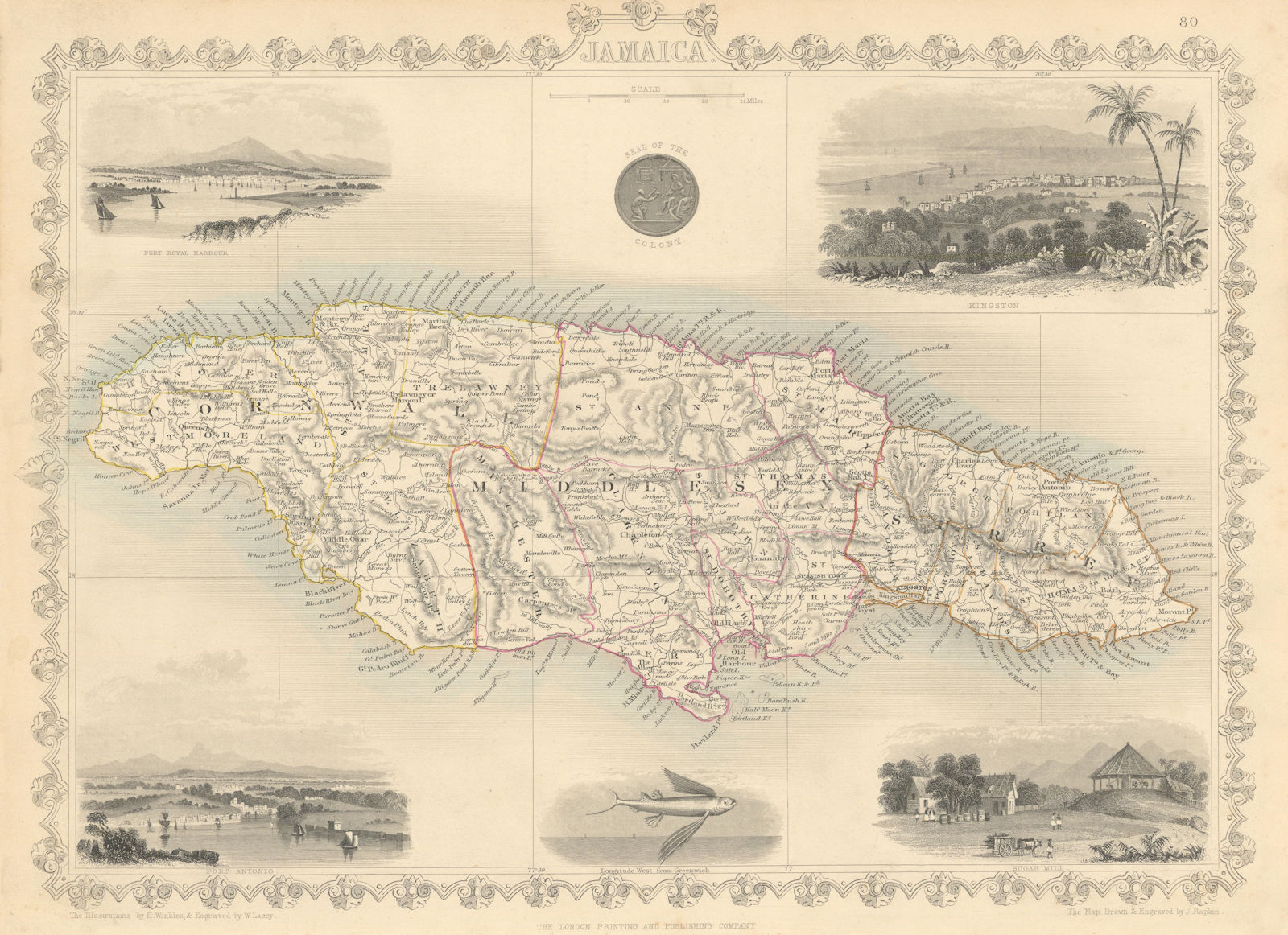 JAMAICA. Counties/parishes. Sugar Mill & Kingston views. RAPKIN/TALLIS 1851 map