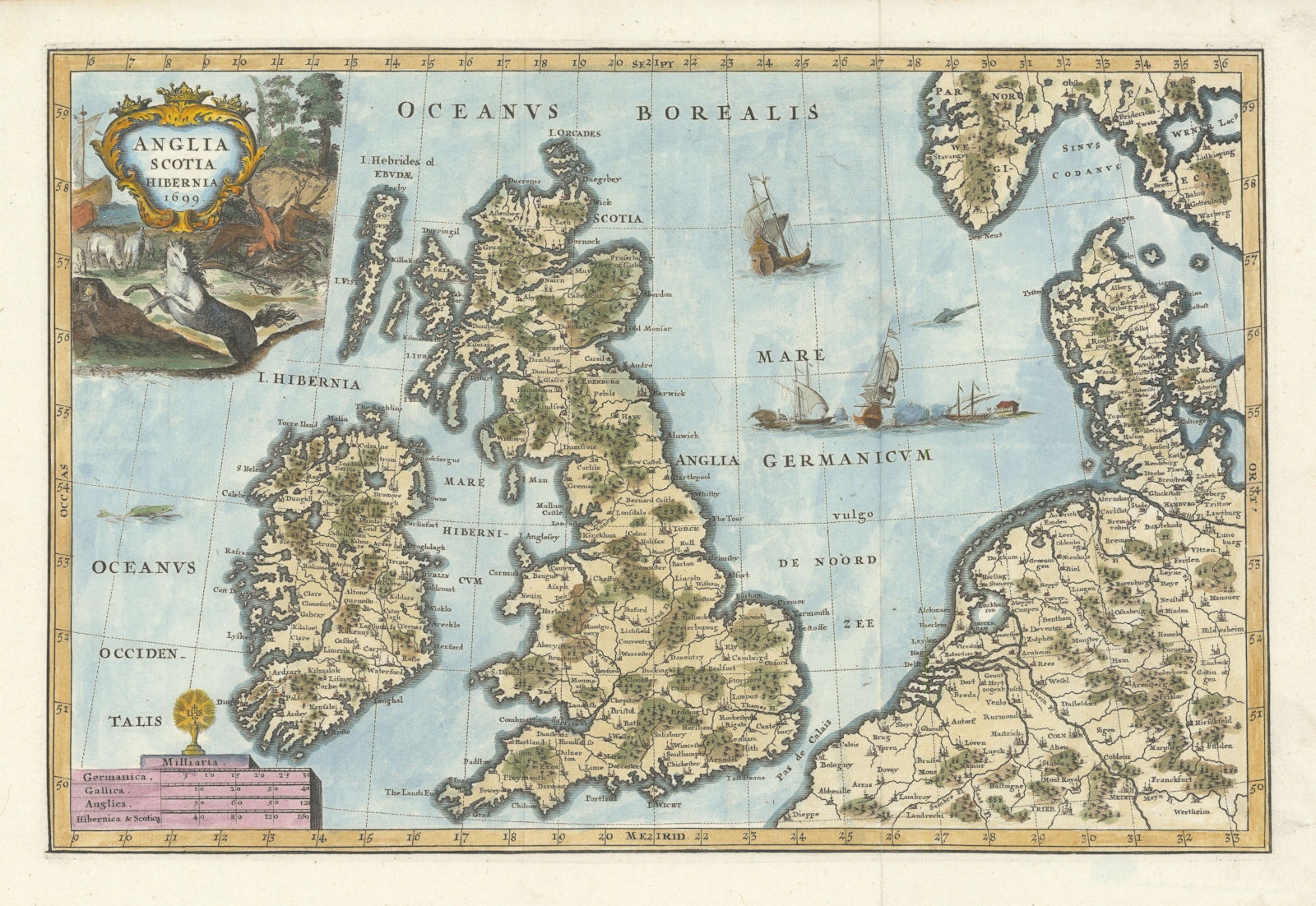 Anglia Scotia Hibernia 1699 by Heinrich Scherer. British Isles 1703 old map
