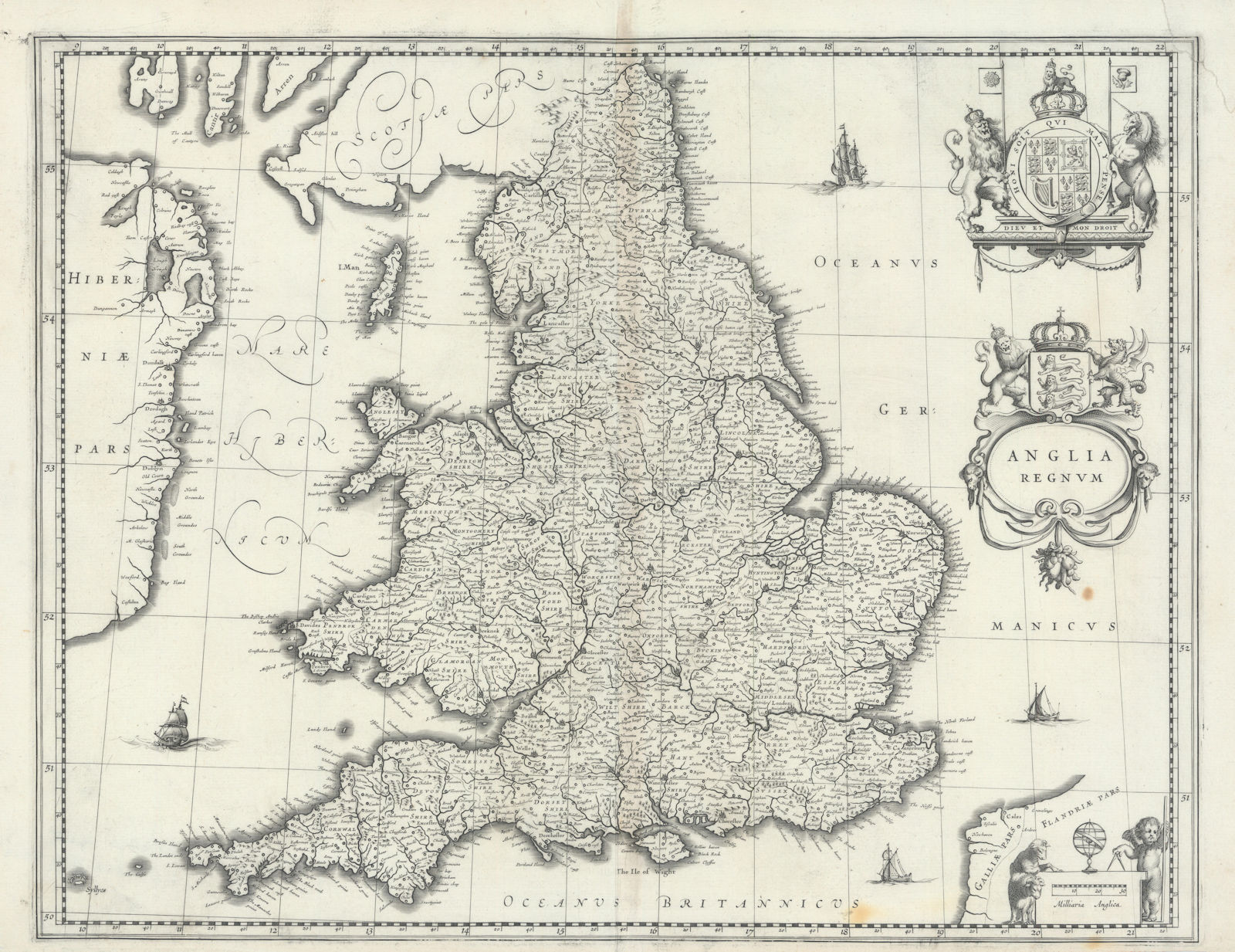 Anglia Regnum by Willem Blaeu. England & Wales 1645 old antique map plan chart
