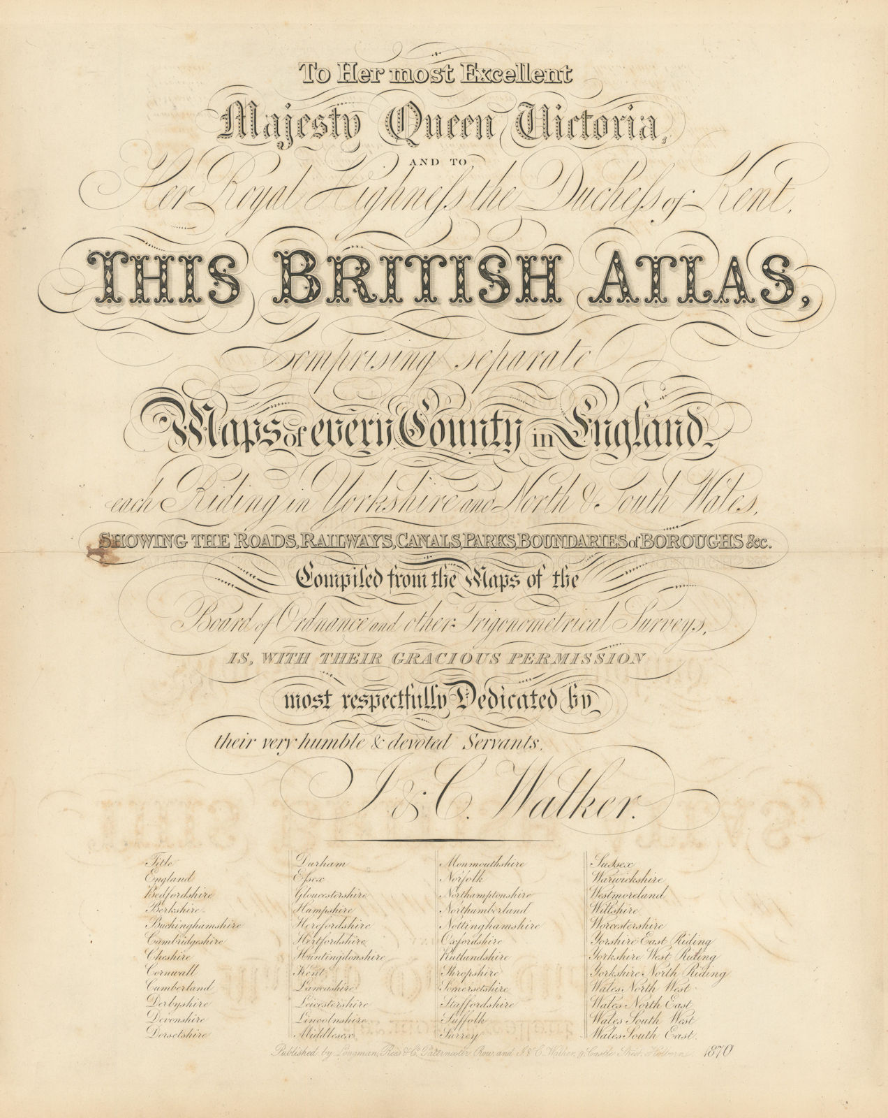Walker's British Atlas - Frontispiece - title page 1870 old antique print