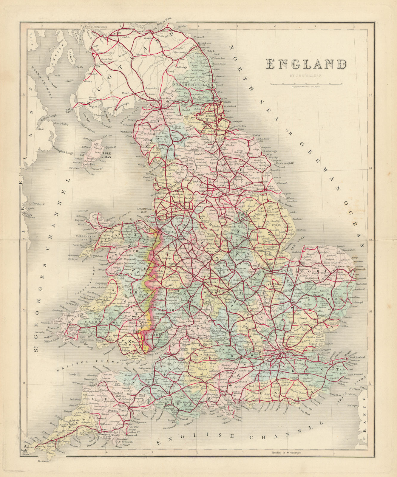 England & Wales antique map by J & C Walker. Railways & counties 1870 old
