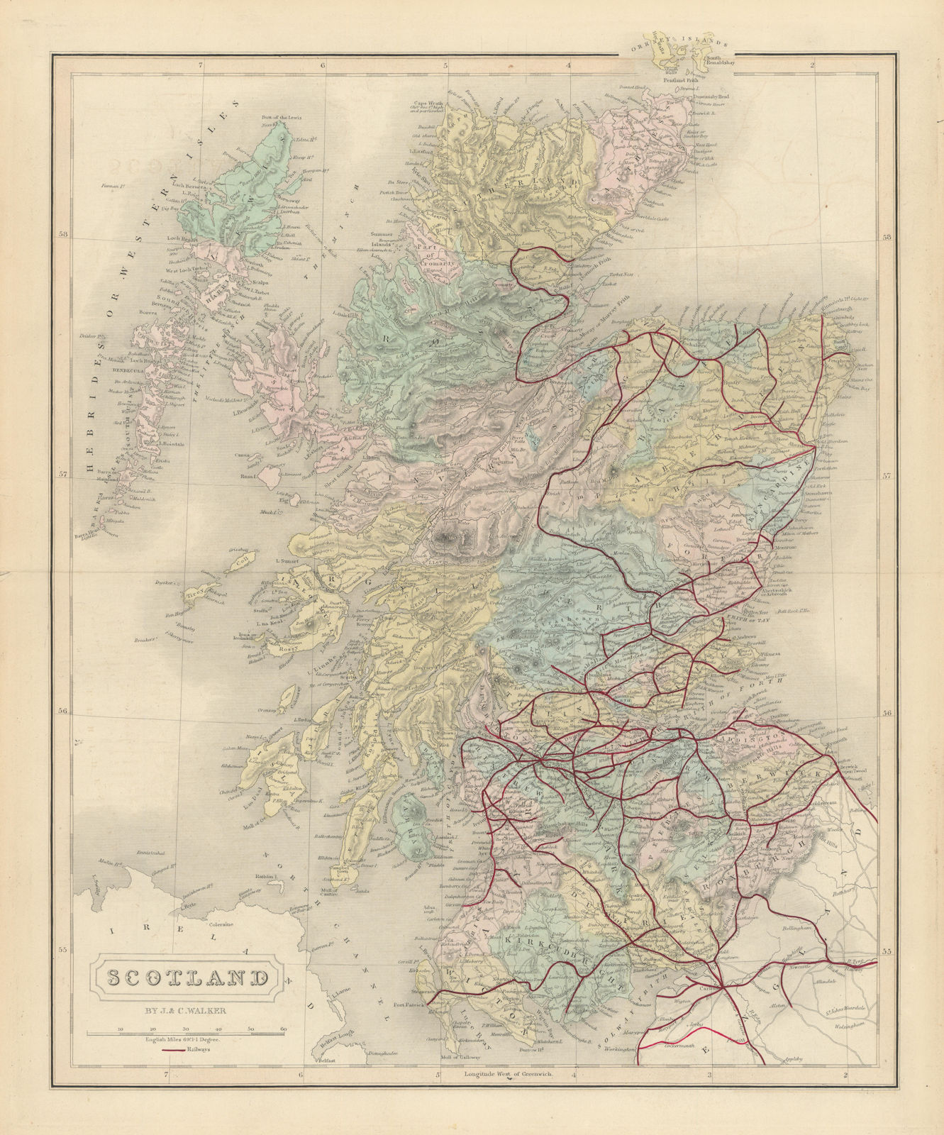 Scotland antique map by J & C Walker. Railways & counties 1870 old