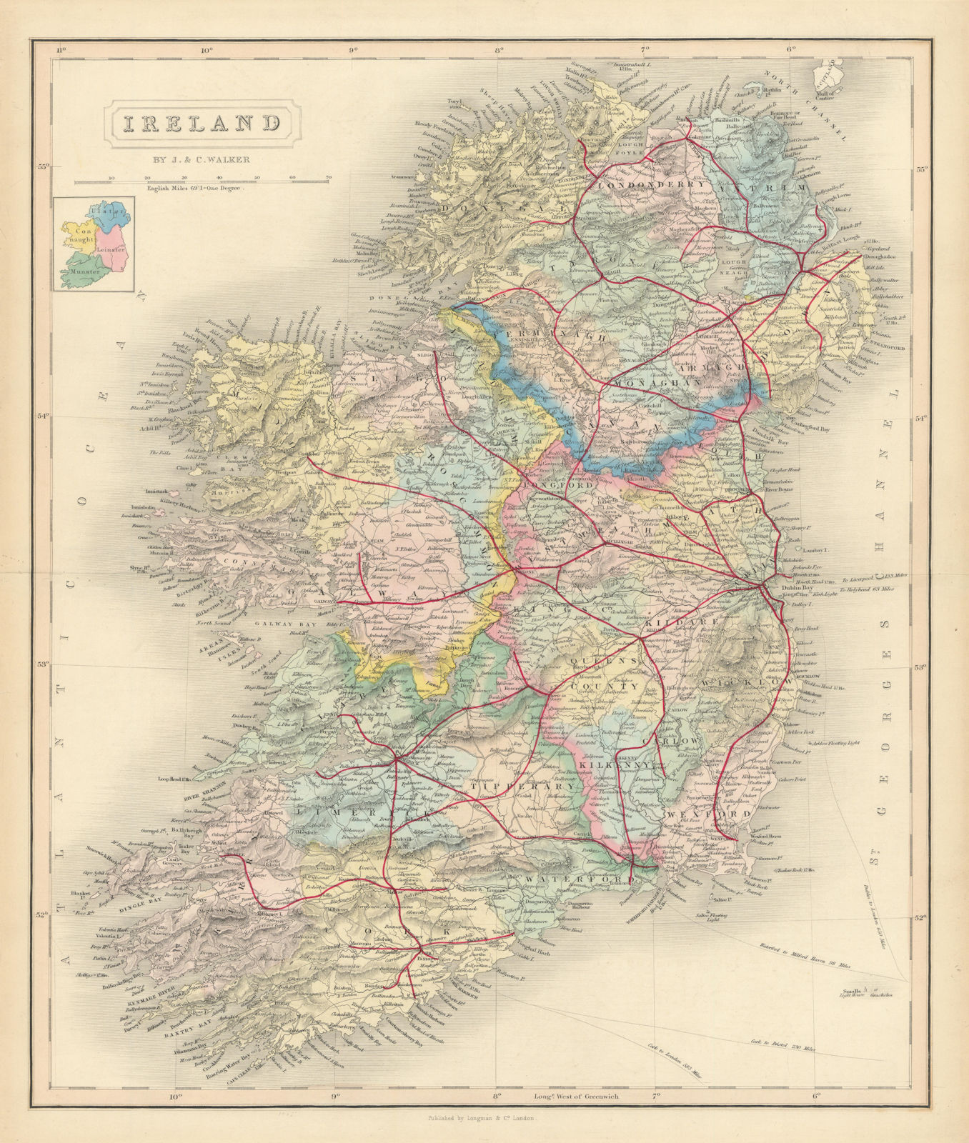 Ireland antique map by J & C Walker. Railways, counties & provinces 1870