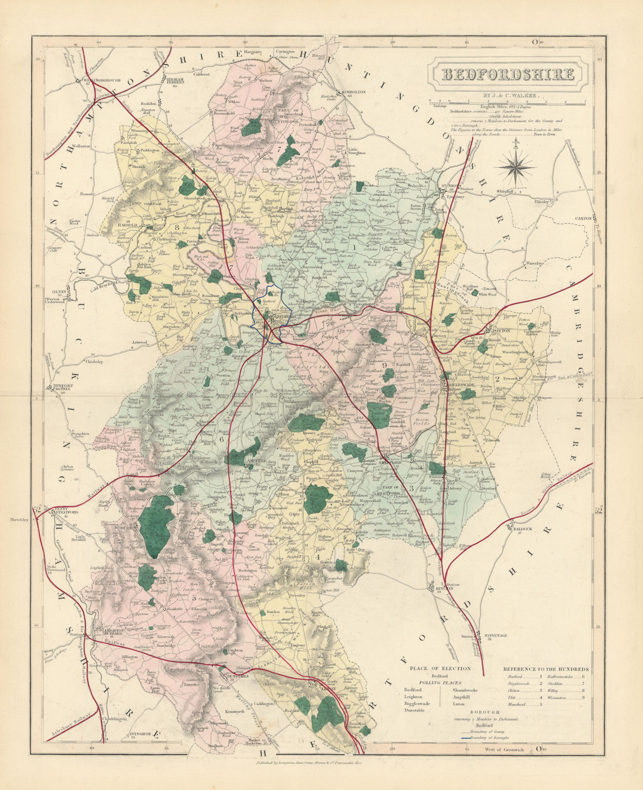 Bedfordshire antique county map by J & C Walker. Railways & boroughs 1870