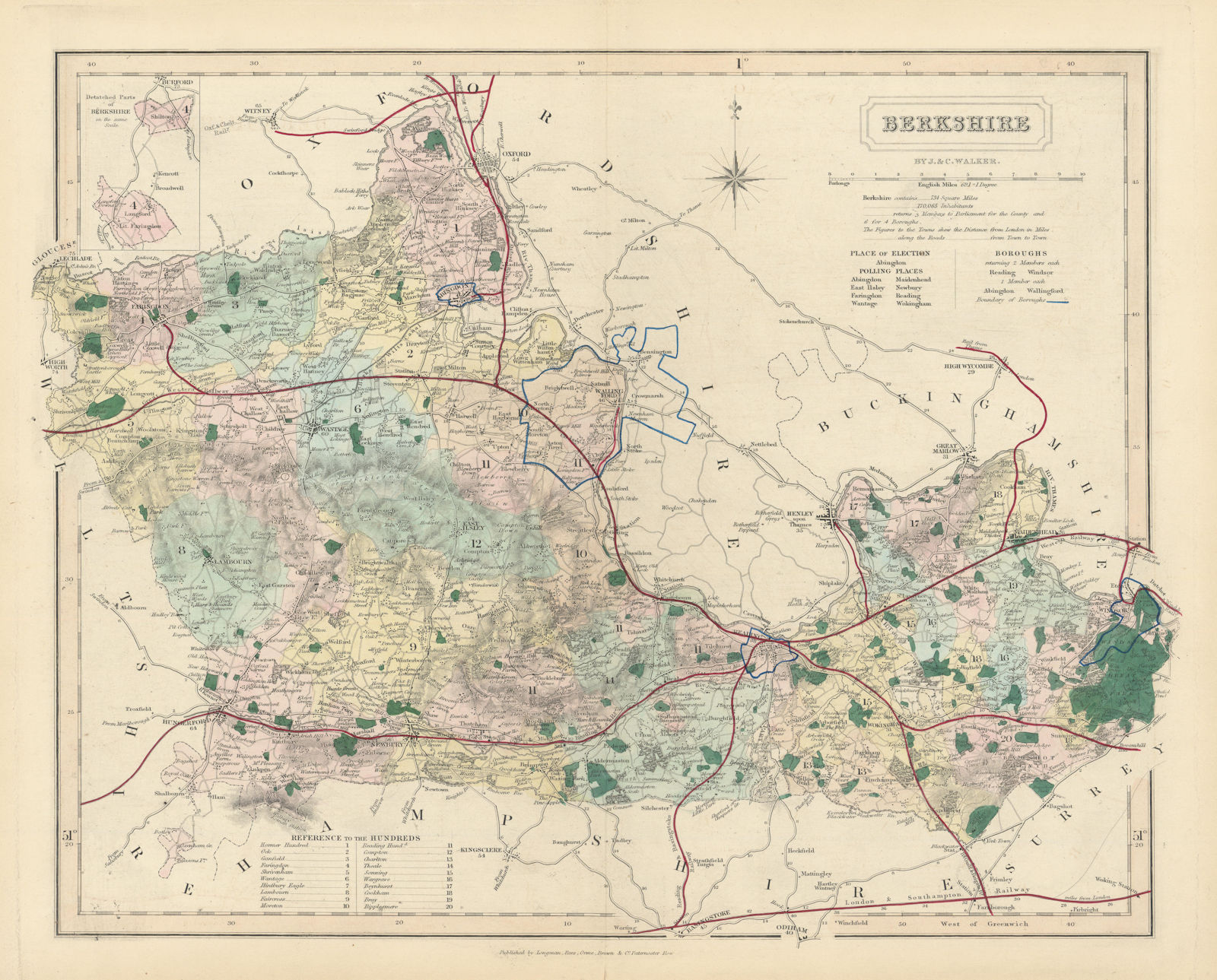 Berkshire antique county map by J & C Walker. Railways & boroughs 1870 old