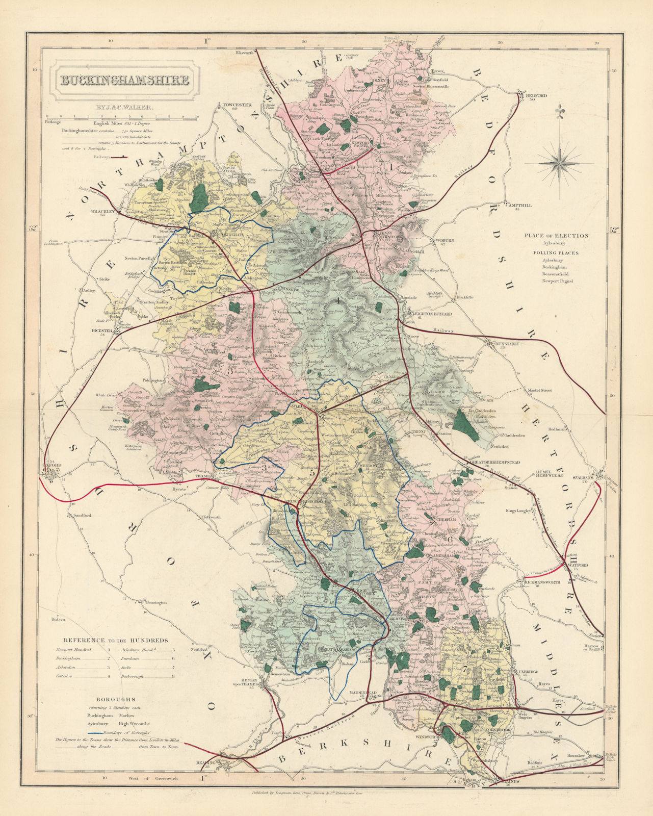 Buckinghamshire antique county map by J & C Walker. Railways & boroughs 1870