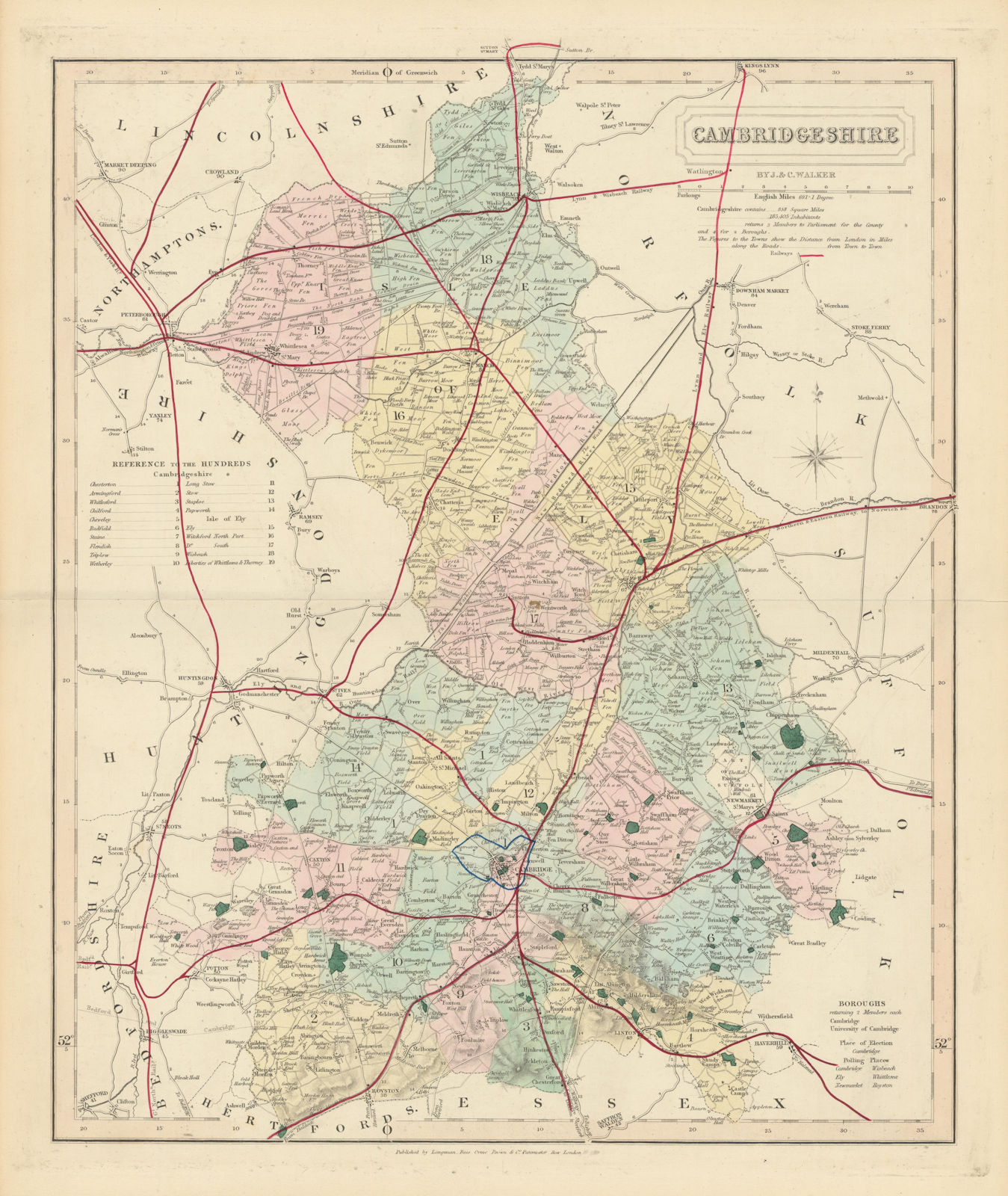 Cambridgeshire antique county map by J & C Walker. Railways & boroughs 1870