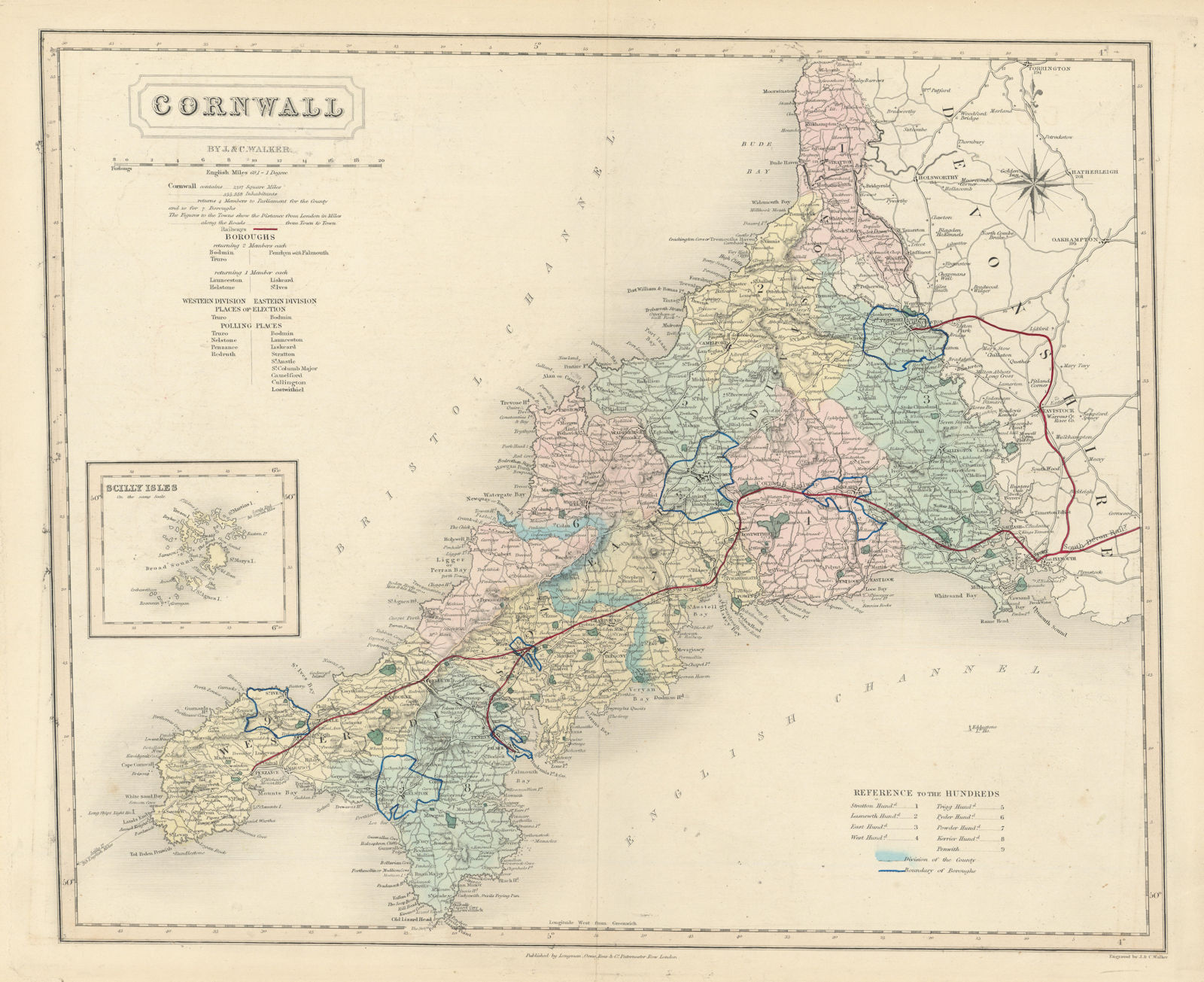 Cornwall antique county map by J & C Walker. Railways & boroughs 1870 old