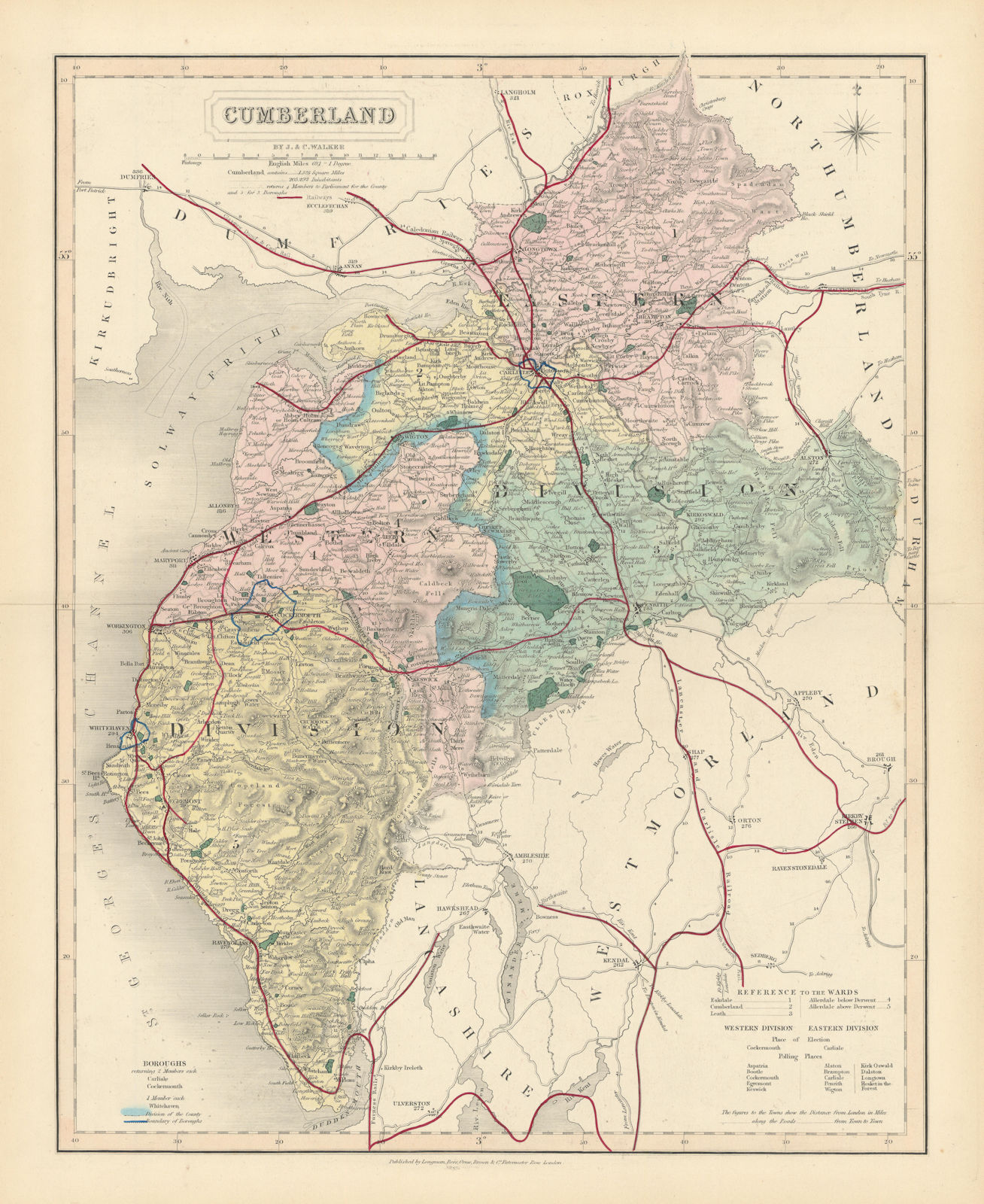Cumberland  antique county map by J & C Walker. Railways & boroughs 1870