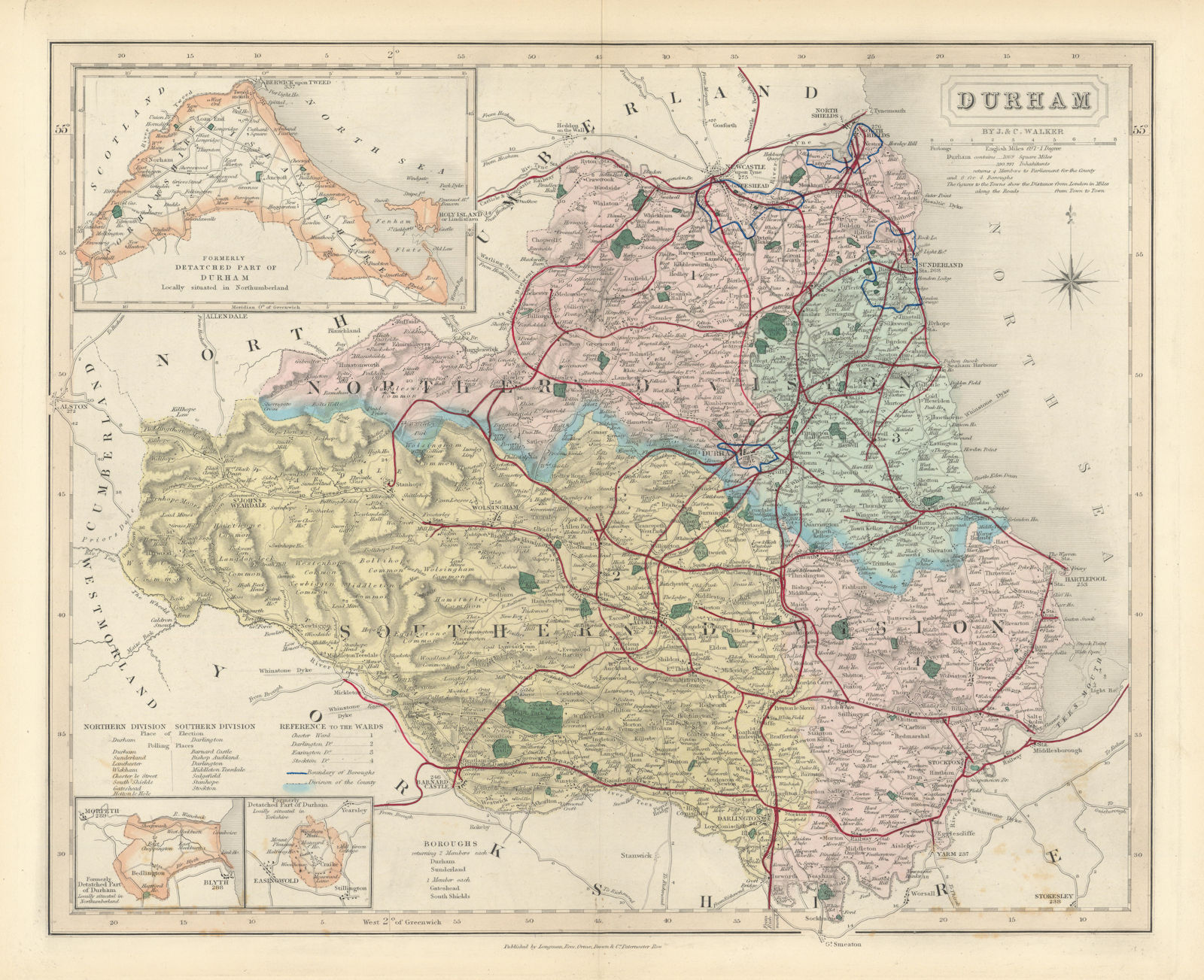 Durham antique county map by J & C Walker. Railways & boroughs 1870 old