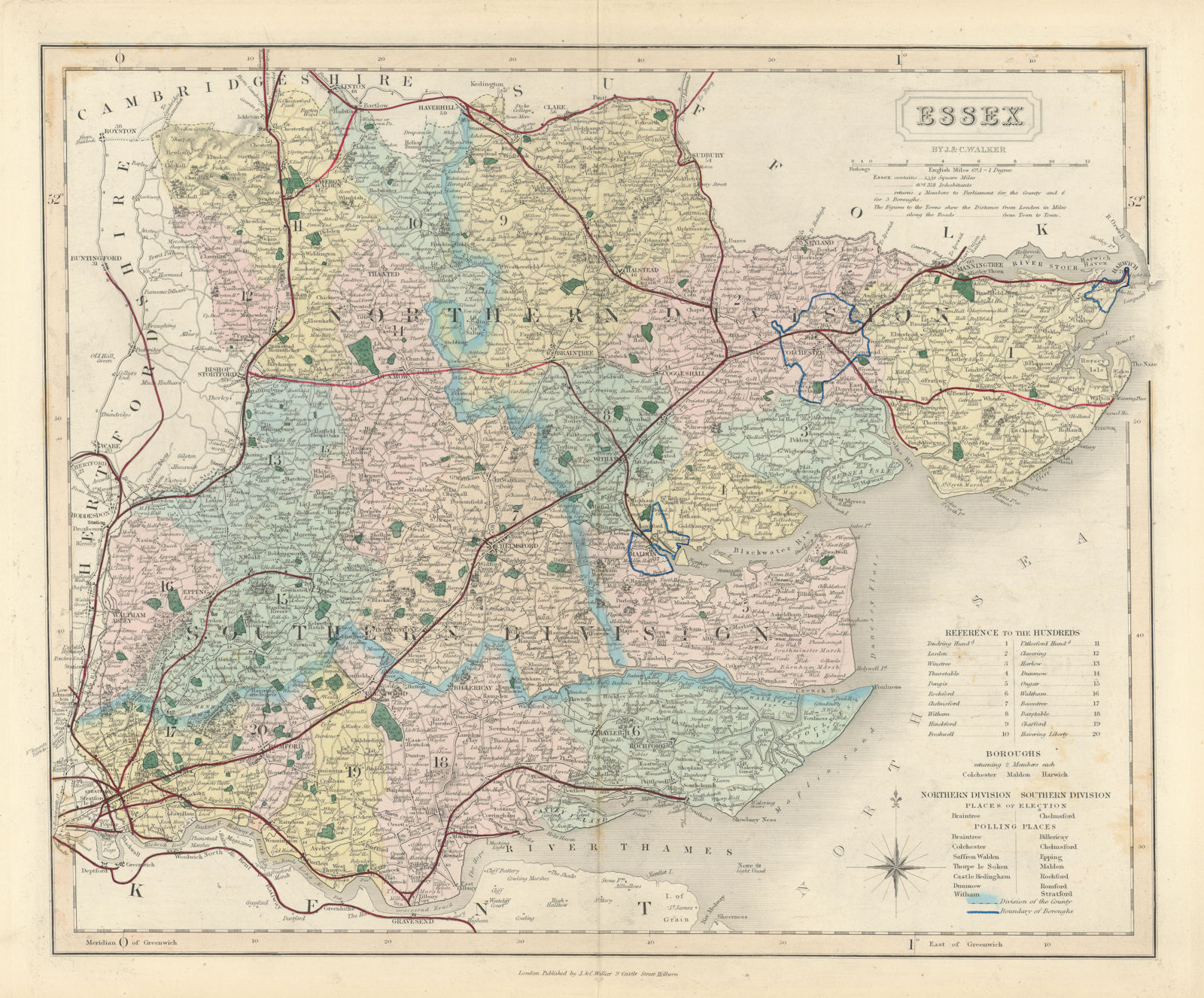 Essex antique county map by J & C Walker. Railways & boroughs 1870 old