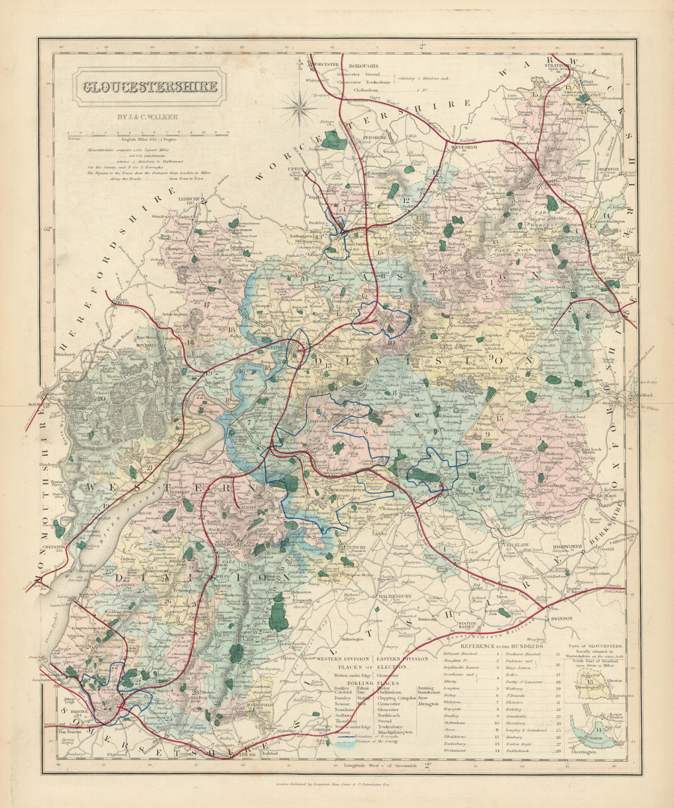 Gloucestershire antique county map by J & C Walker. Railways & boroughs 1870
