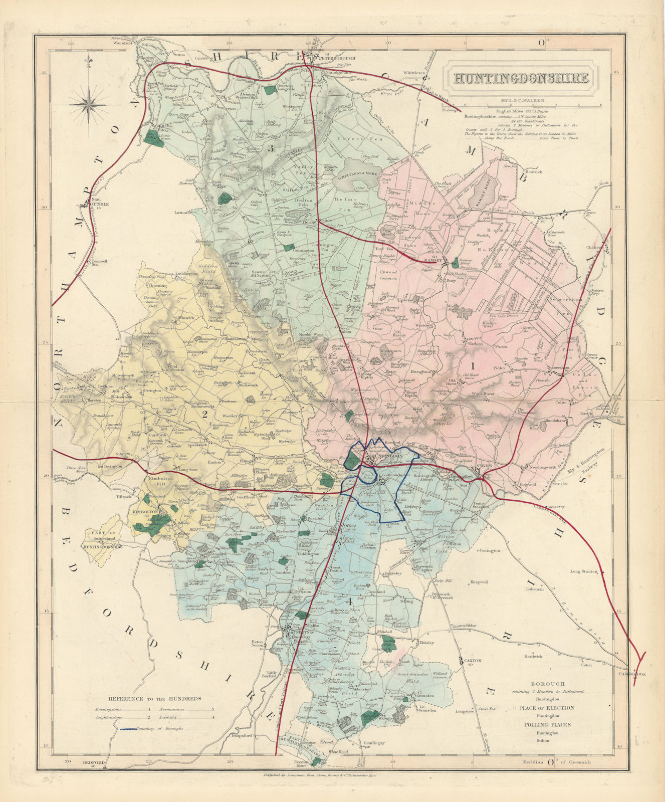 Huntingdonshire antique county map by J & C Walker. Railways & boroughs 1870