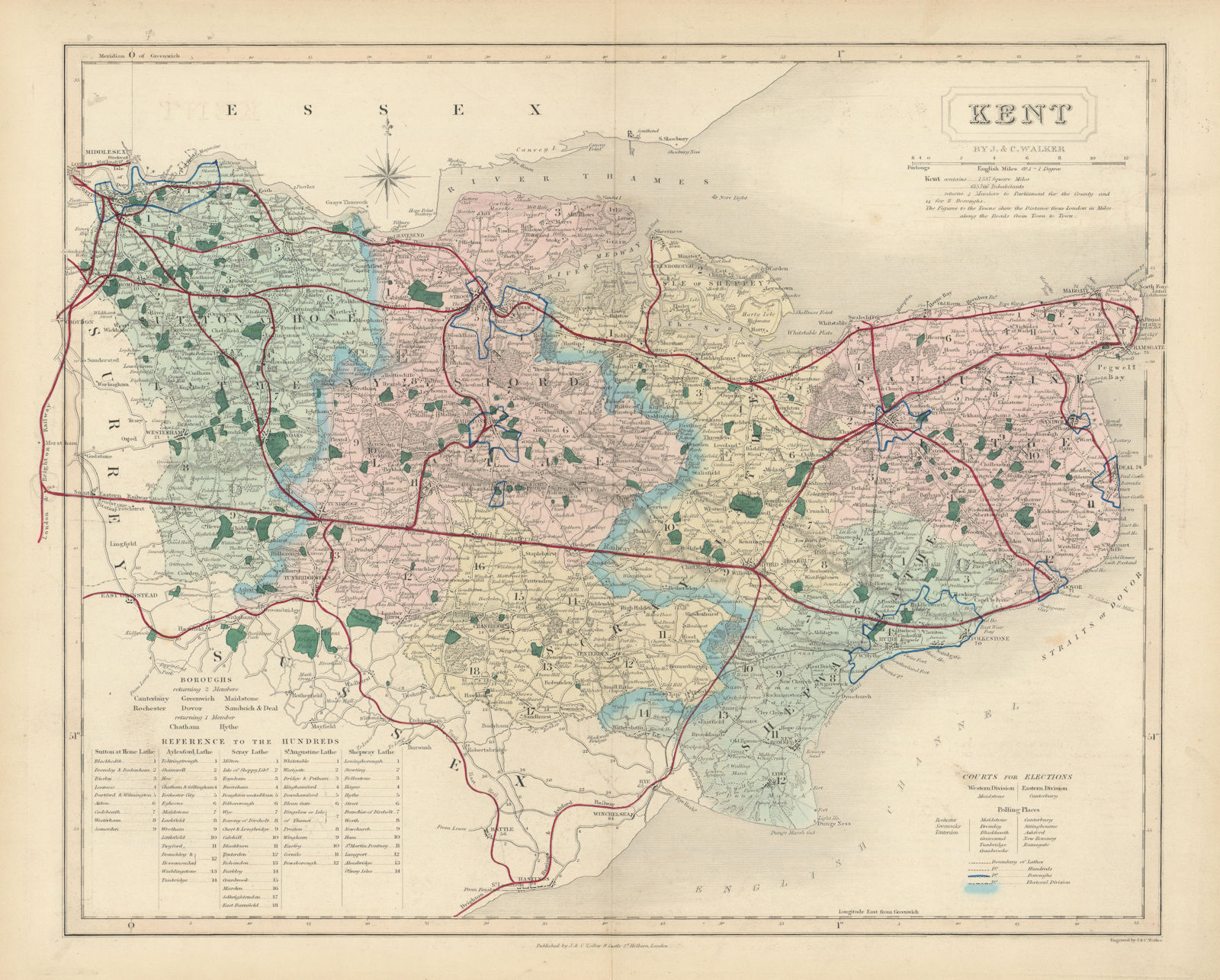 Kent  antique county map by J & C Walker. Railways & boroughs 1870 old