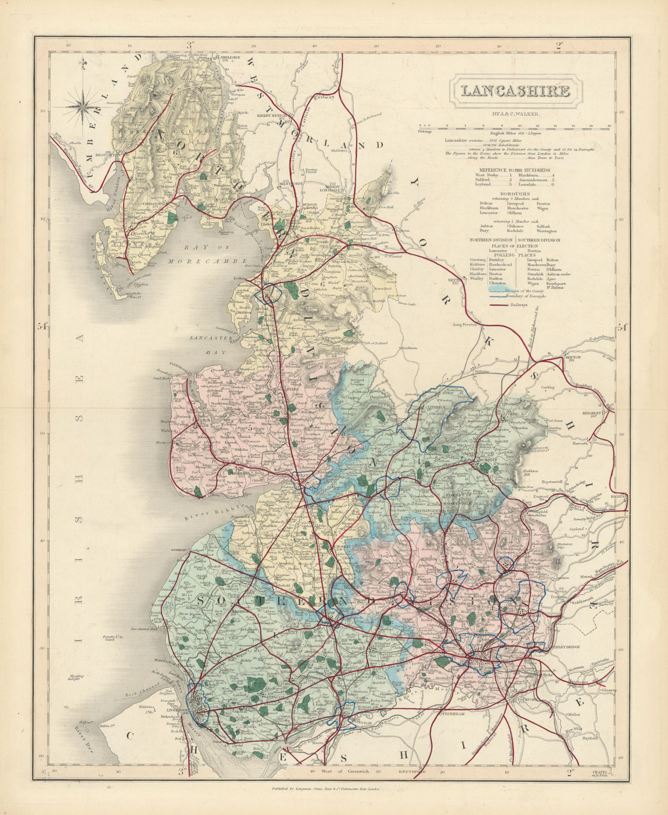 Lancashire antique county map by J & C Walker. Railways & boroughs 1870
