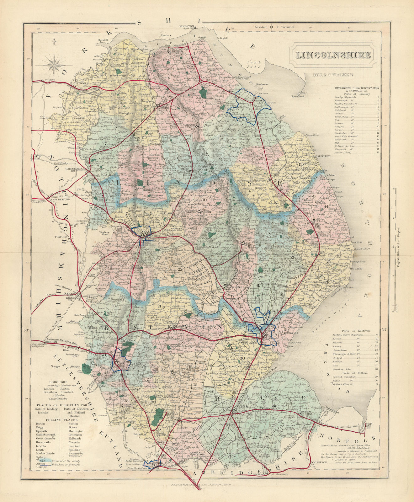 Associate Product Lincolnshire antique county map by J & C Walker. Railways & boroughs 1870