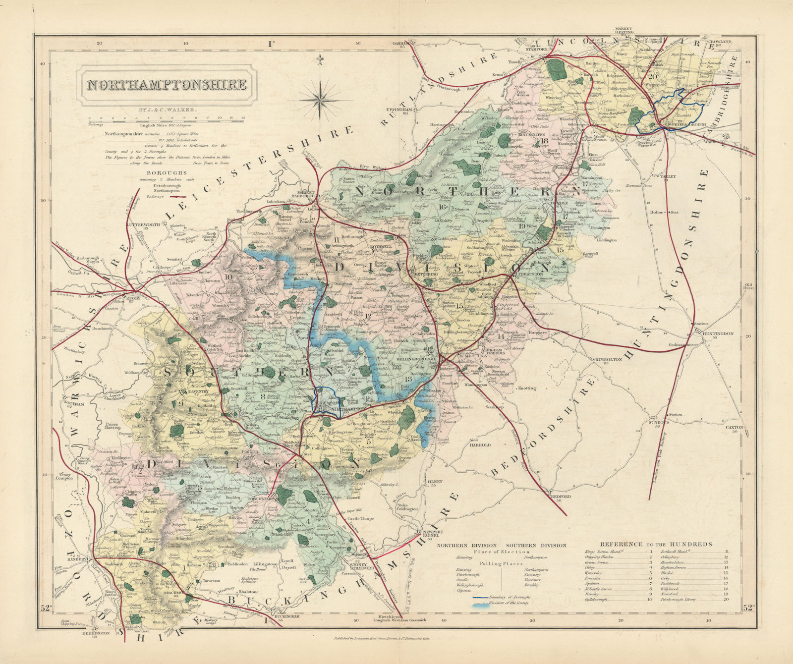 Northamptonshire antique county map by J&C Walker. Railways & boroughs 1870