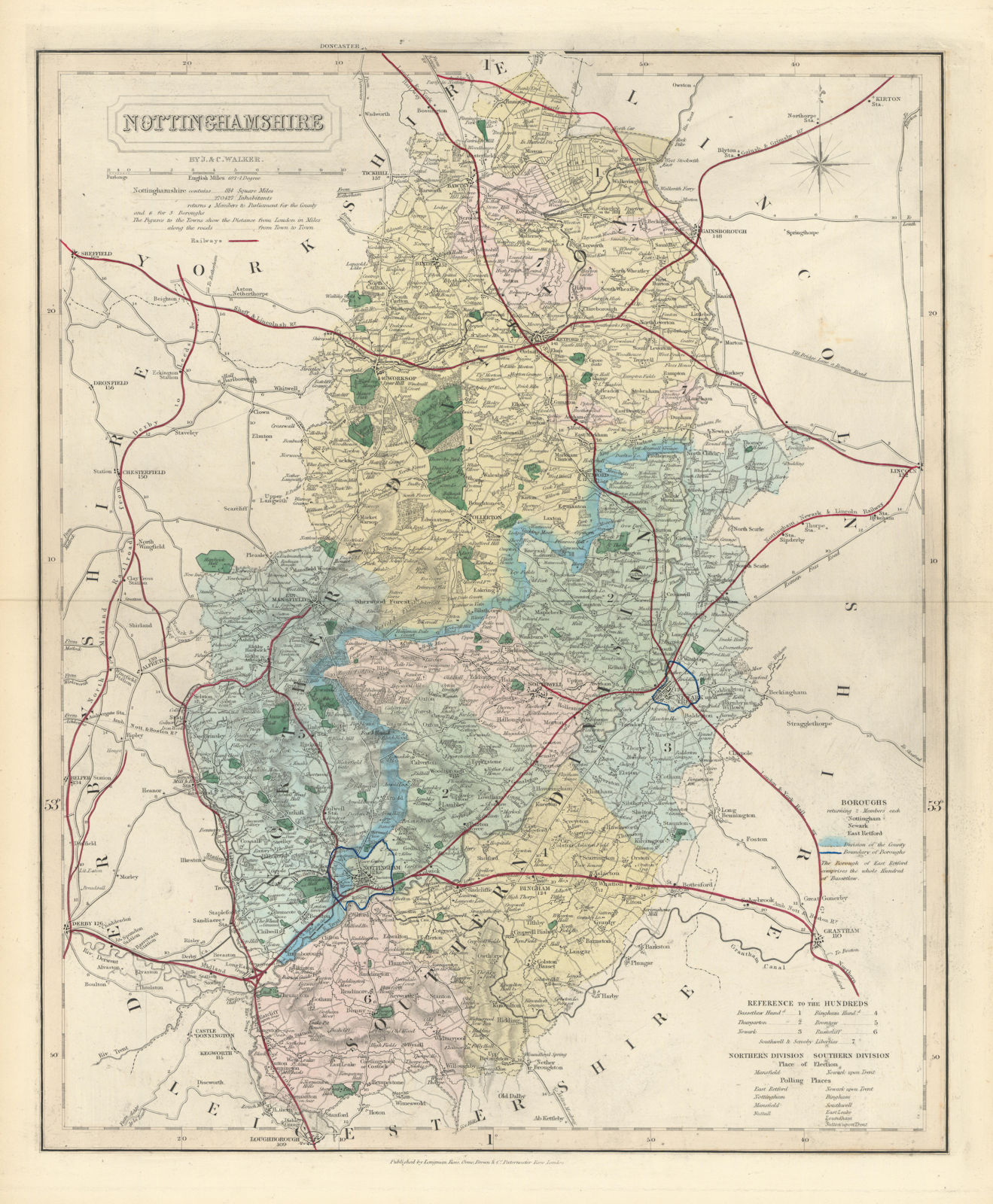 Nottinghamshire antique county map by J & C Walker. Railways & boroughs 1870