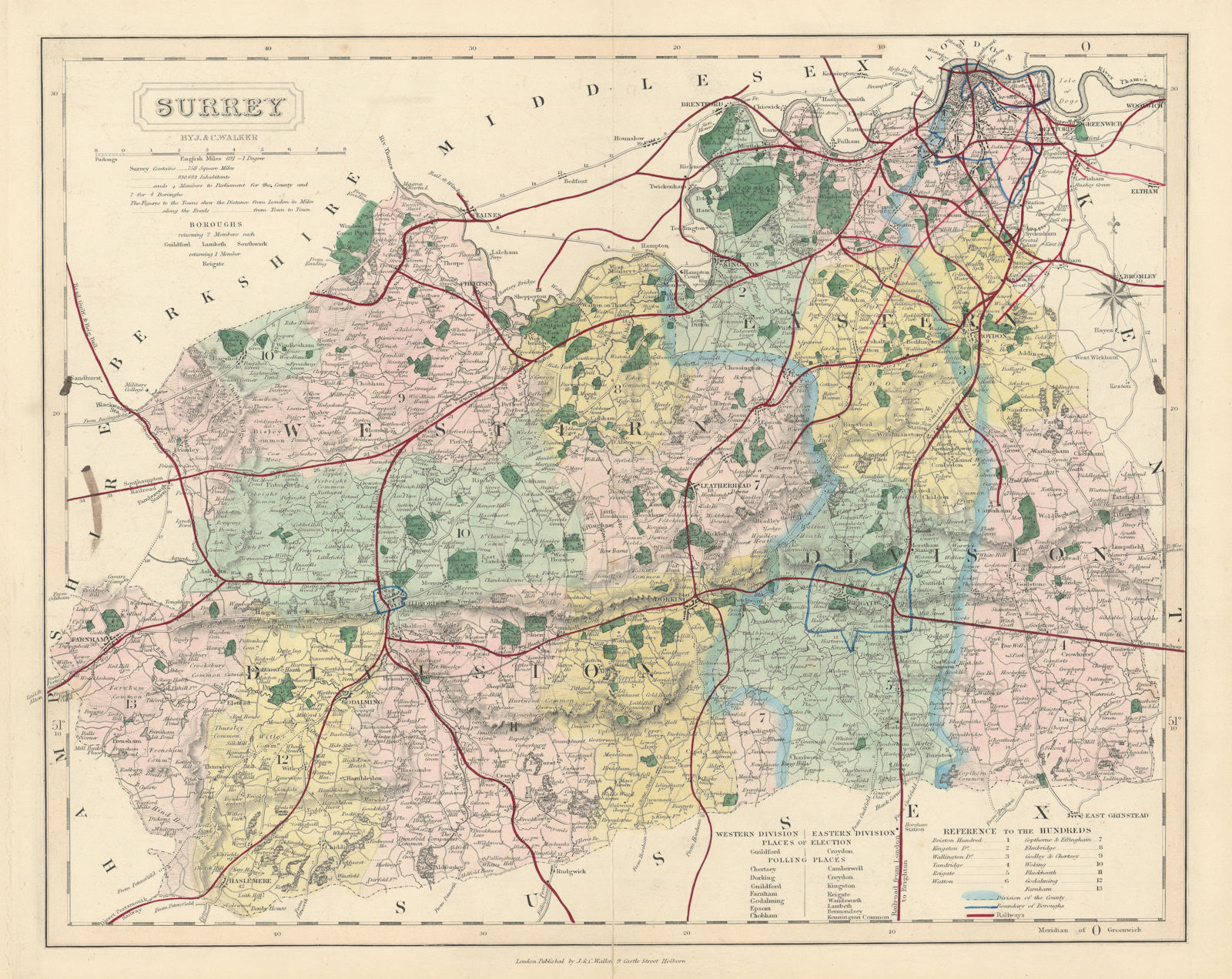 Surrey antique county map by J & C Walker. Railways & boroughs 1870 old