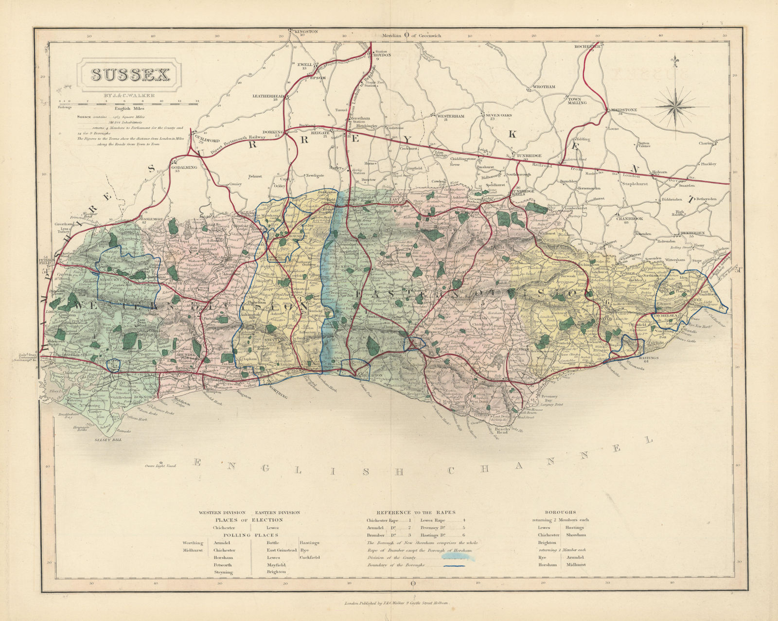 Sussex antique county map by J & C Walker. Railways & boroughs 1870 old