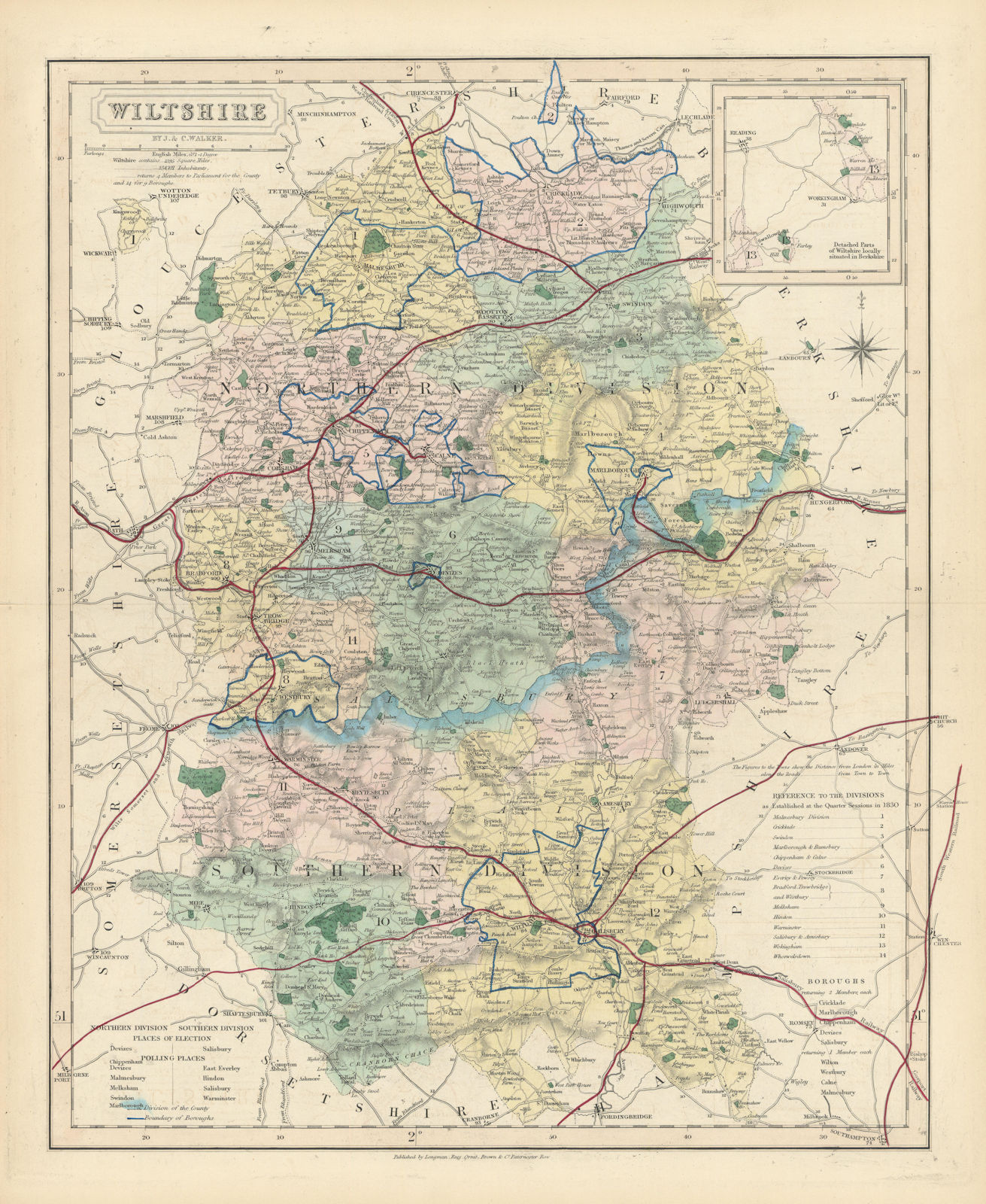 Associate Product Wiltshire antique county map by J & C Walker. Railways & boroughs 1870 old