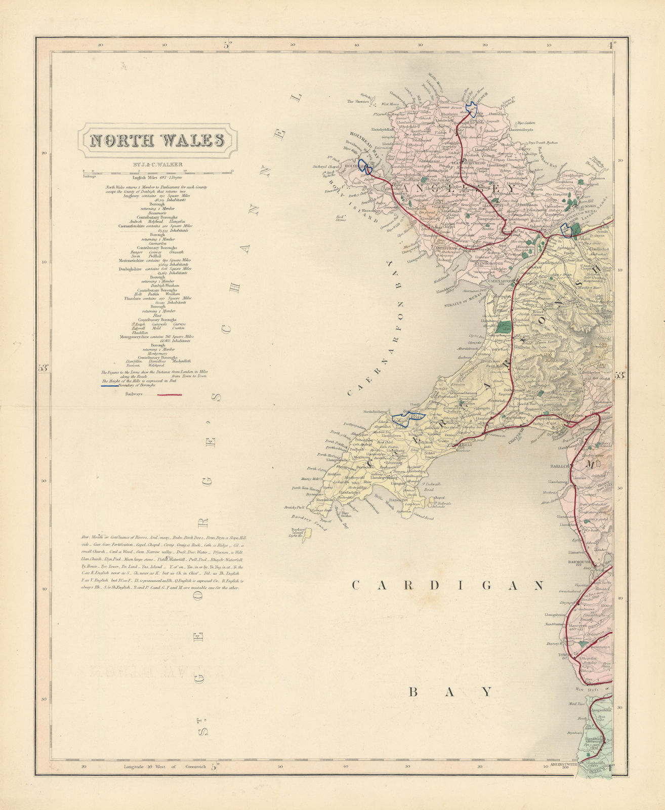 North west Wales coast antique map by J & C Walker. Anglesey. Railways 1870