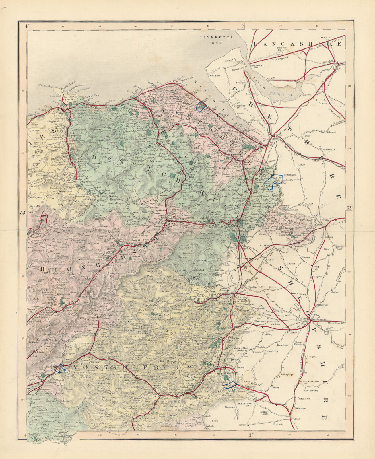 Denbigh Flint Merioneth Montgomeryshire antique map. WALKER. Railways 1870